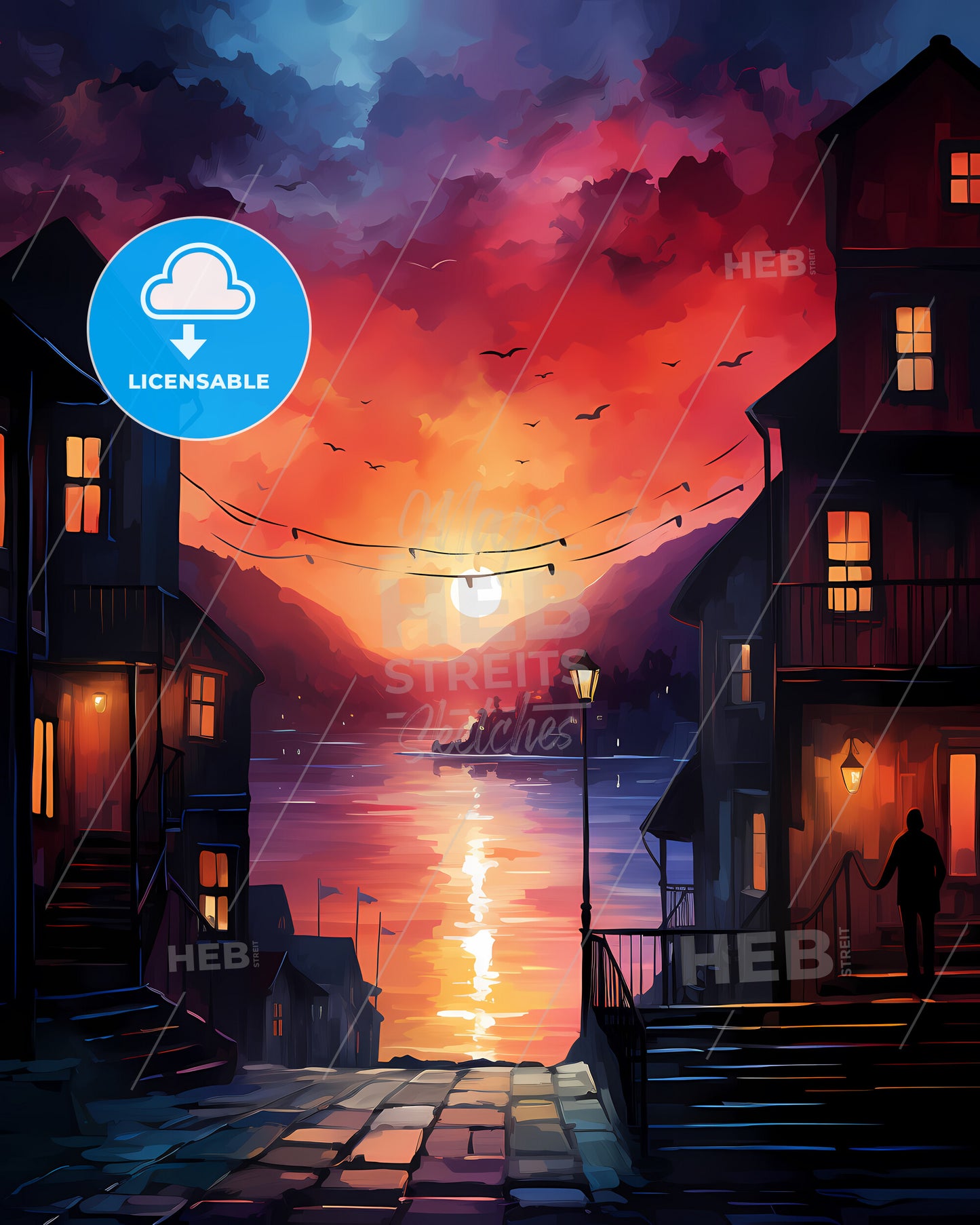 Stavanger, Norway - A Painting Of A City With A Sunset