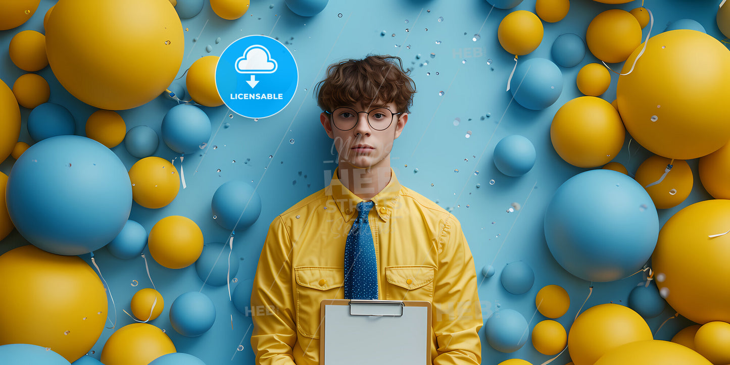 Cartoon Character Young Caucasian Man Isolated On Blue Background - A Man In Glasses And A Tie Holding A Clipboard