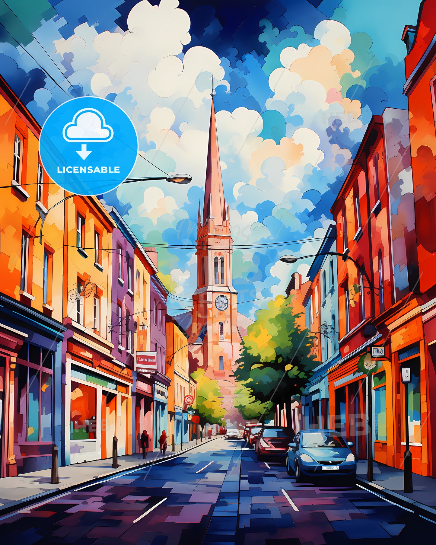 Limerick, Ireland - A Street With Cars And A Church Tower