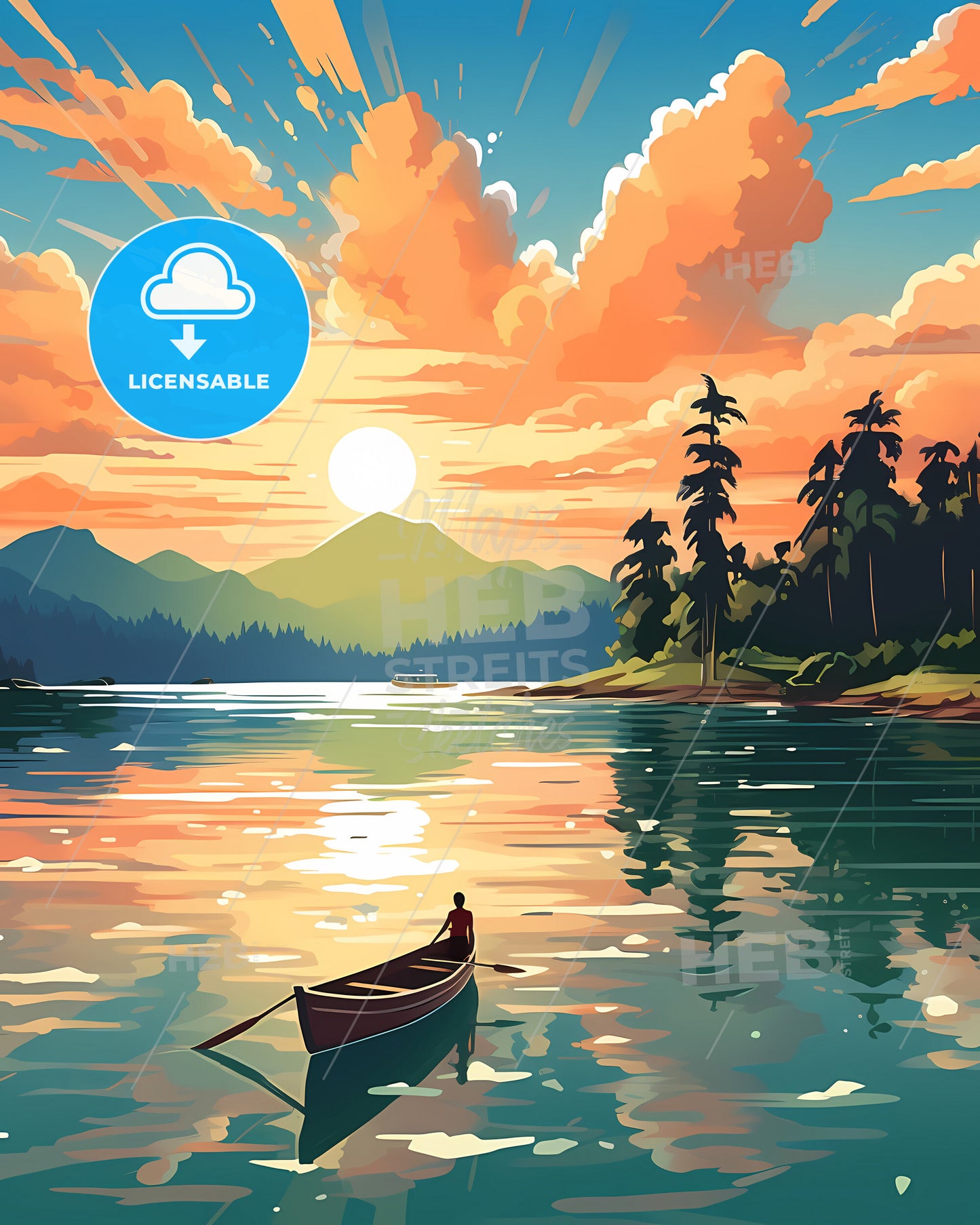 Koh Samui, Thailand - A Painting Of A Boat On A Lake With Trees And Mountains In The Background
