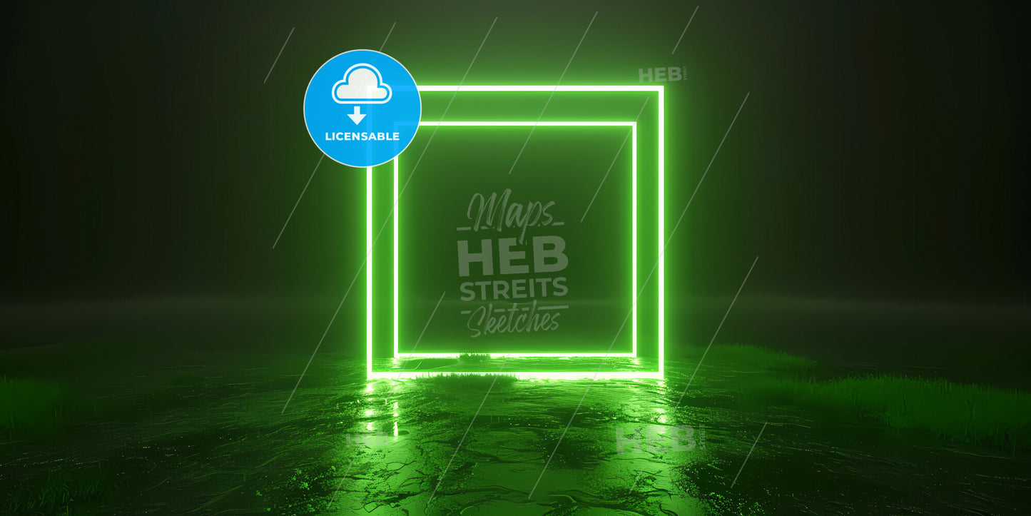 Abstract Minimal Green Geometric Background With Blank Square Card - A Square Green Light In A Dark Room