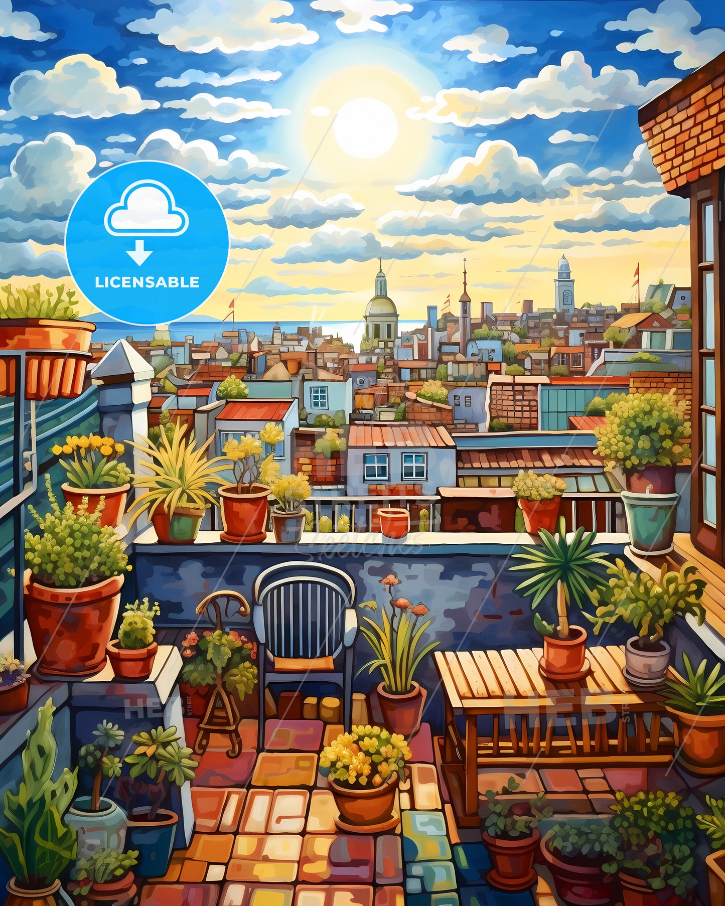 On The Roofs Of Amsterdam - A Painting Of A Rooftop Garden With Plants And A City In The Background