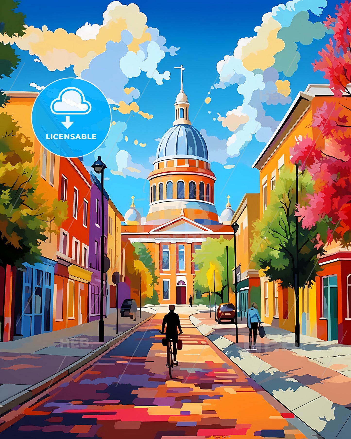 Leicester, England - A Person Riding A Bicycle On A Street With Colorful Buildings