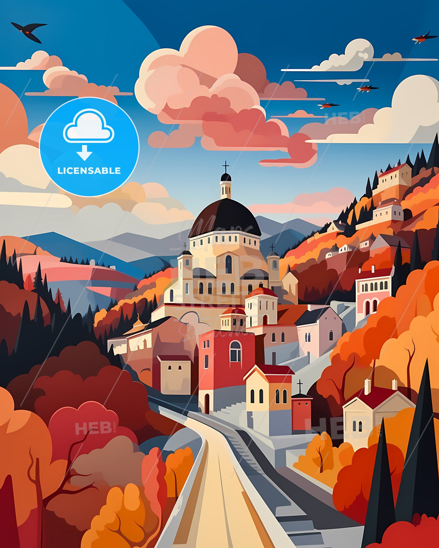 Podgorica, Montenegro - A Colorful Landscape With A Building And Trees