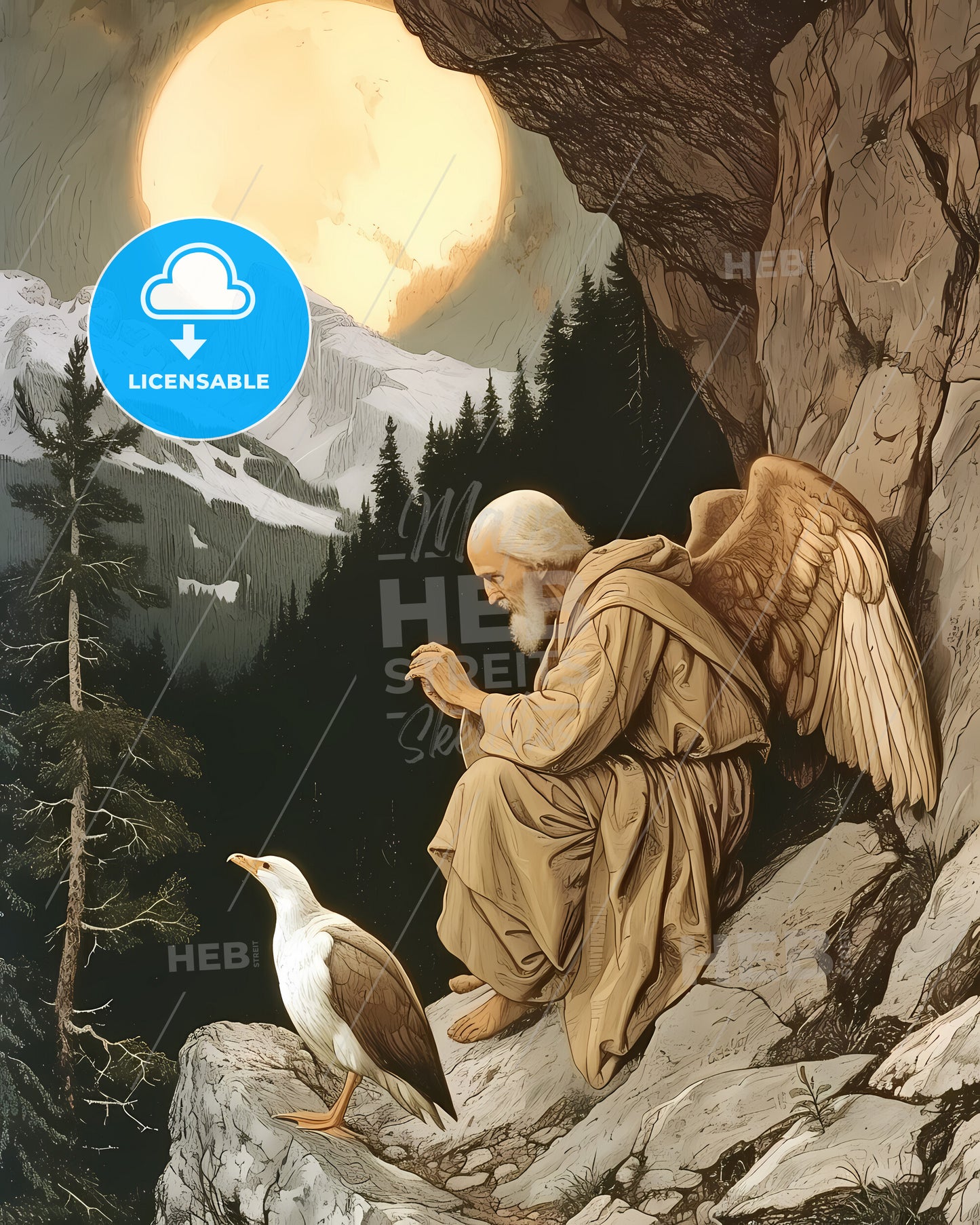 Saint - A Painting Of A Man With Wings Sitting On A Rock With A Bird In Front Of Him