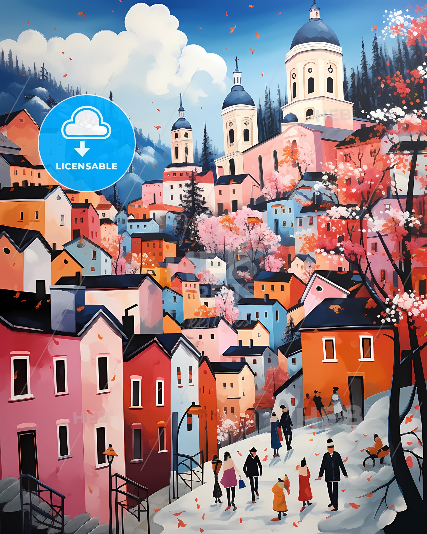 Oslo, Norway - A Painting Of A Town With People Walking On A Snowy Hill