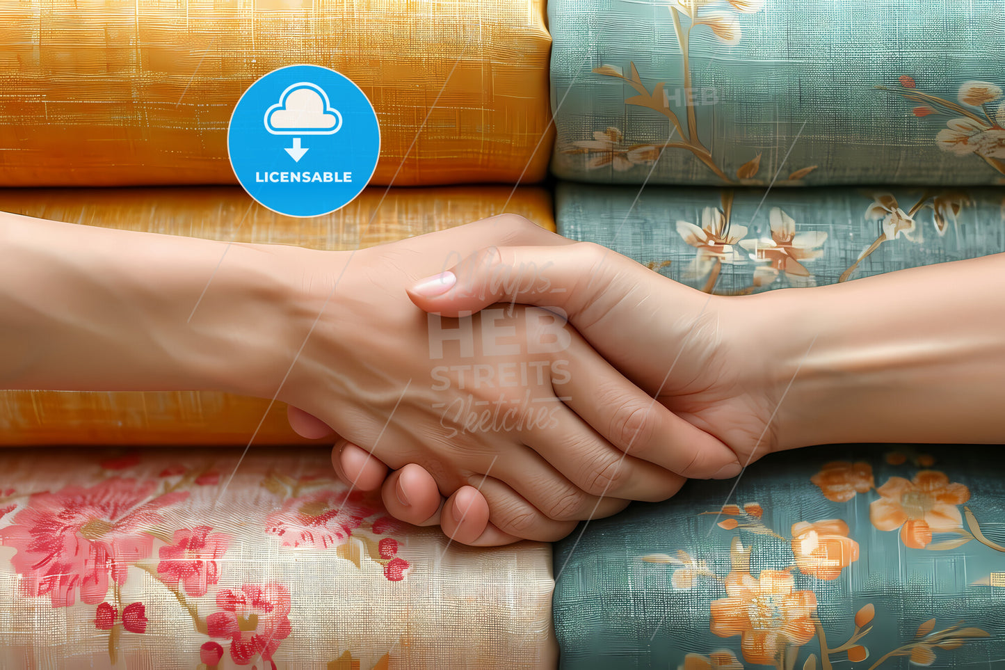 Close Up Of A Hand Shake Between Seller And Customer In Handicraft Workshop - A Hands Shaking On A Stack Of Fabric