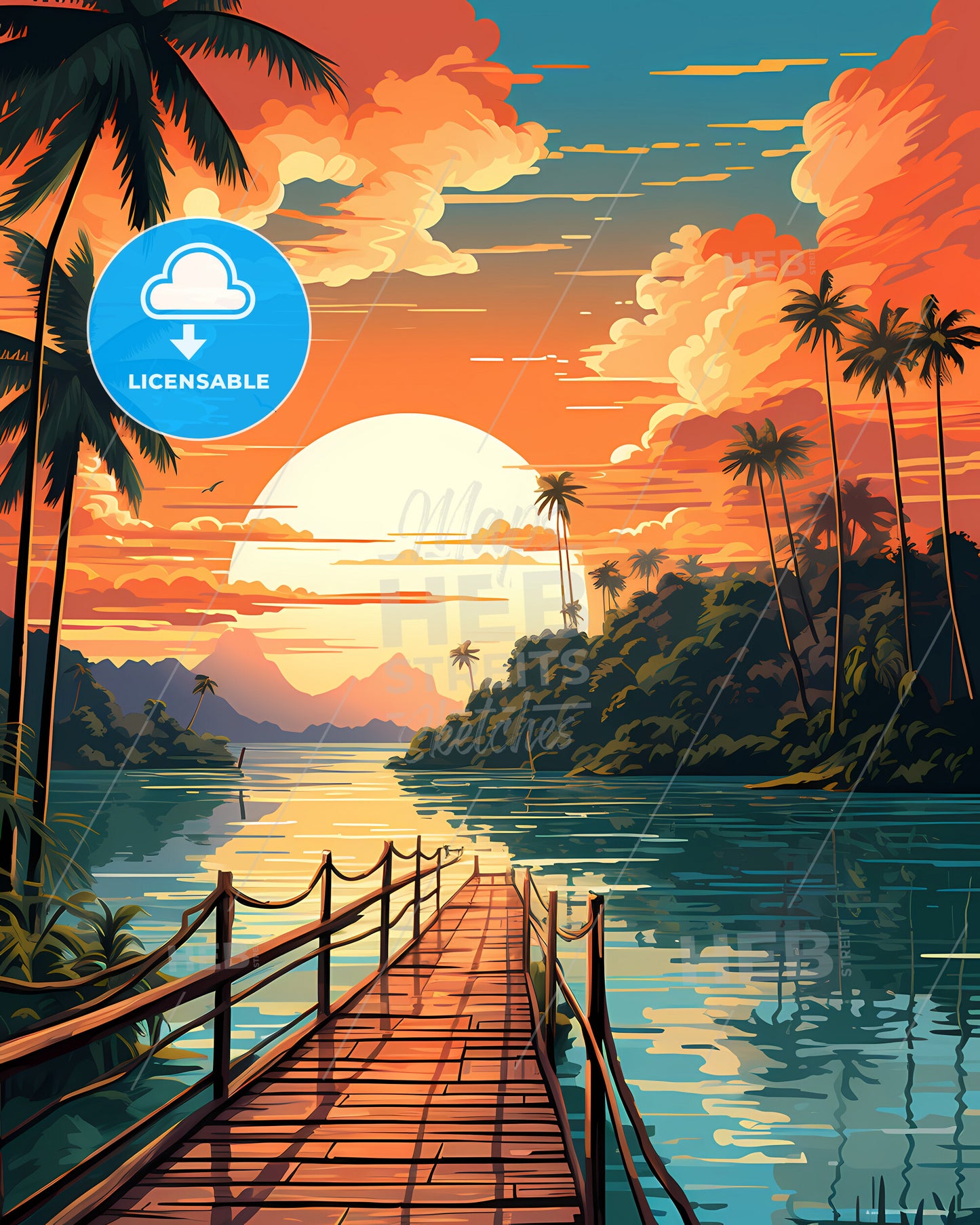 Koh Samui, Thailand - A Bridge Over A Body Of Water With Palm Trees And A Sunset
