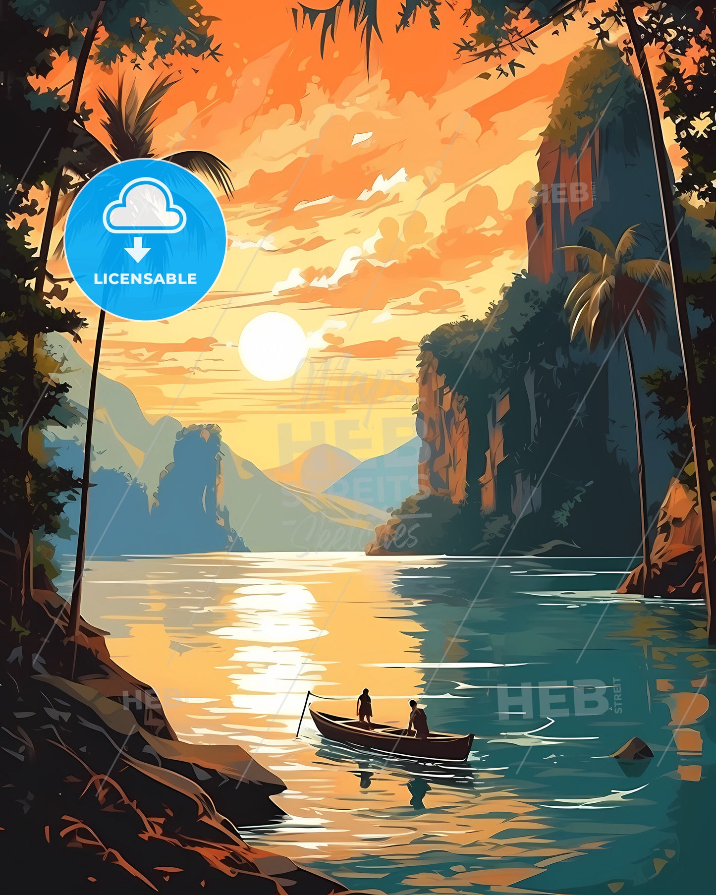 Palawan, Philippines - A Painting Of A Boat On A Lake Surrounded By Trees And Mountains