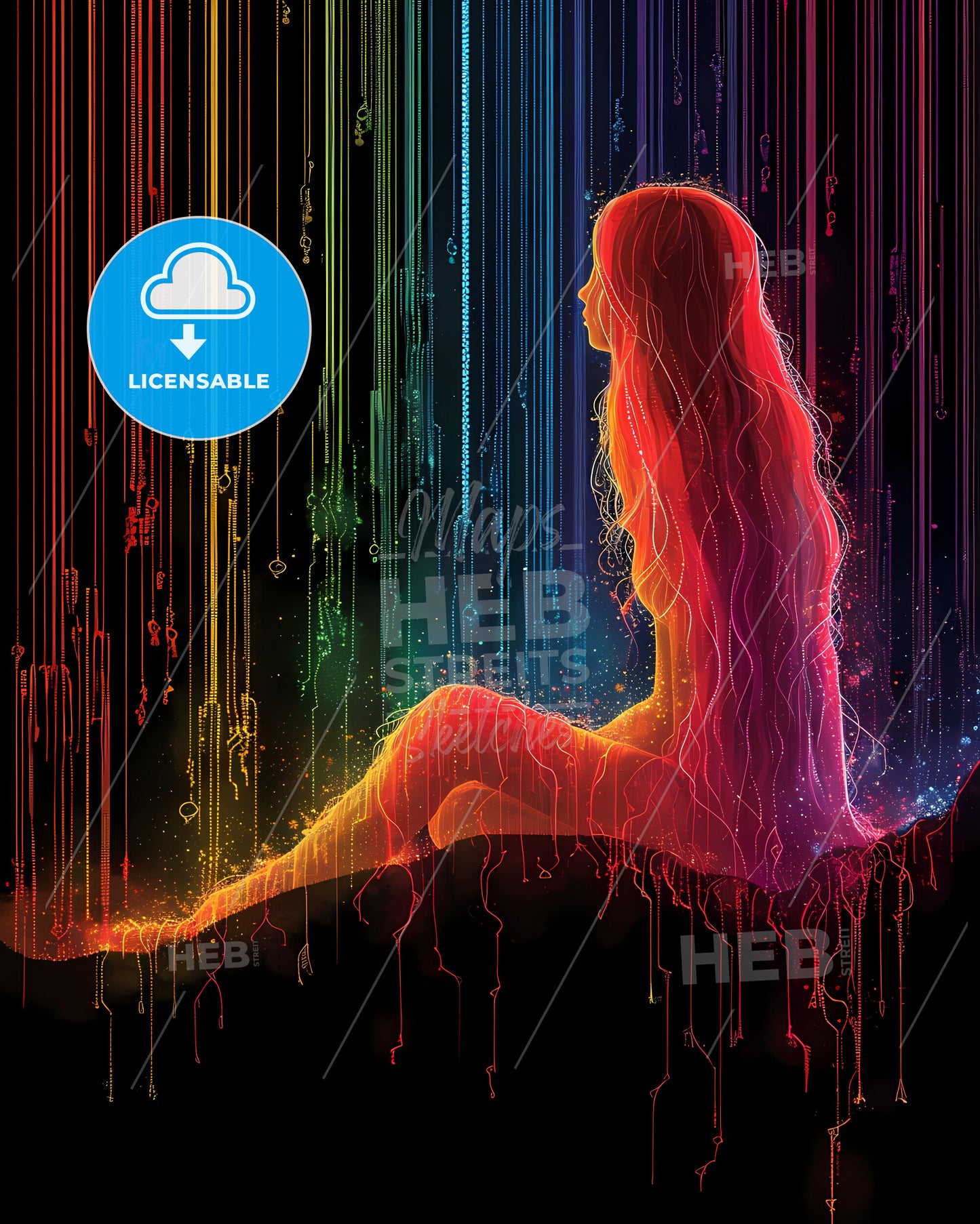 A Continous One Line Minimalist Illustration Of A Pretty Girl - A Woman Sitting In A Rainbow Stream Of Rainbow Colors