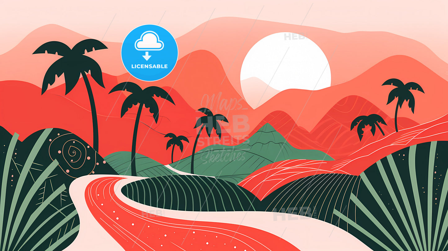 Background, Using One Color In Muted Pastel Colors, And Creating The Feeling Of Fashionable And Chic - A Landscape With Palm Trees And Mountains