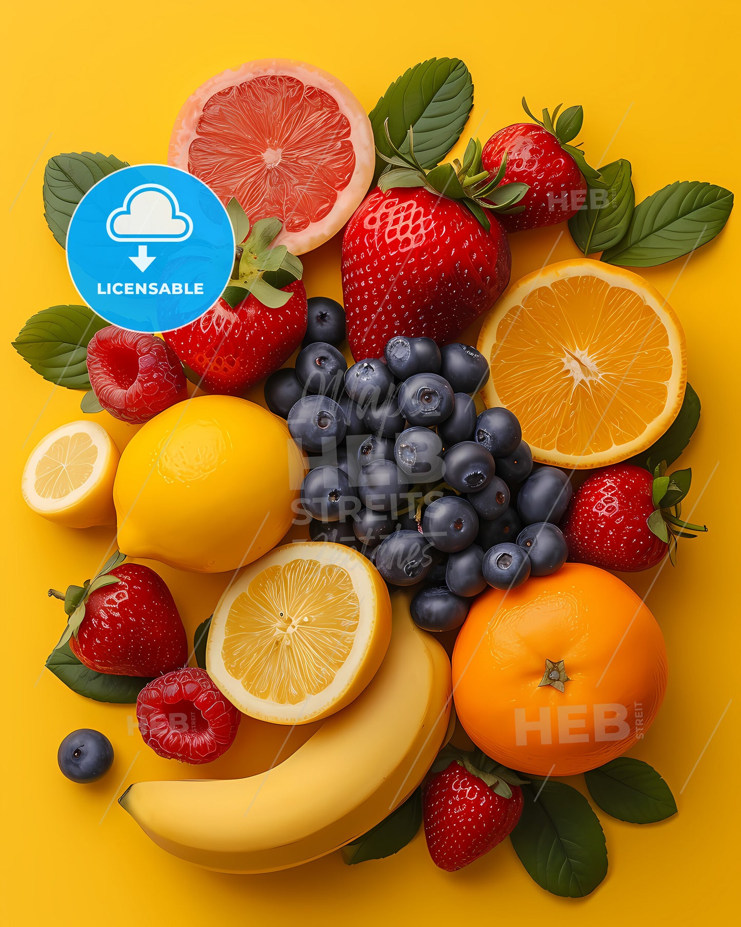 The Flat Vector Strawberry Illustration - A Group Of Fruits On A Yellow Background