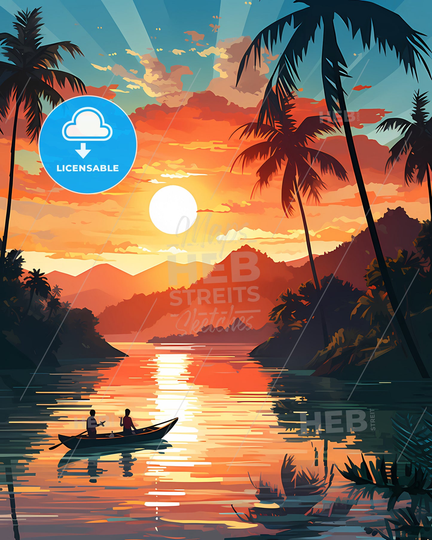 Koh Samui, Thailand - A Couple In A Boat On A River With Palm Trees And Mountains