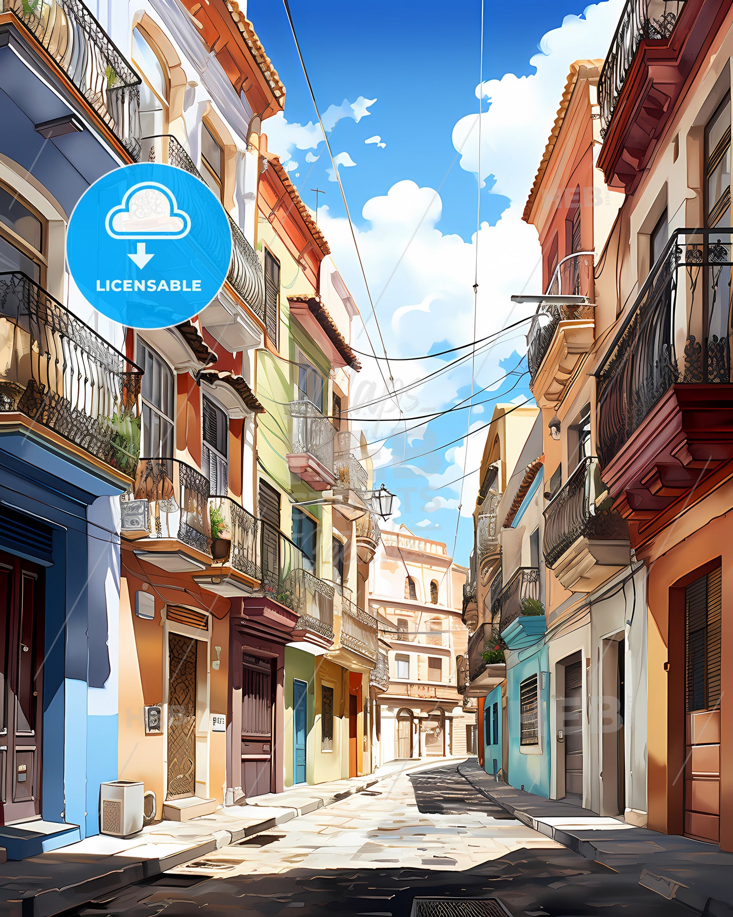 Sevilla, Spain - A Street With Buildings And A Street With A Blue Sky And Clouds