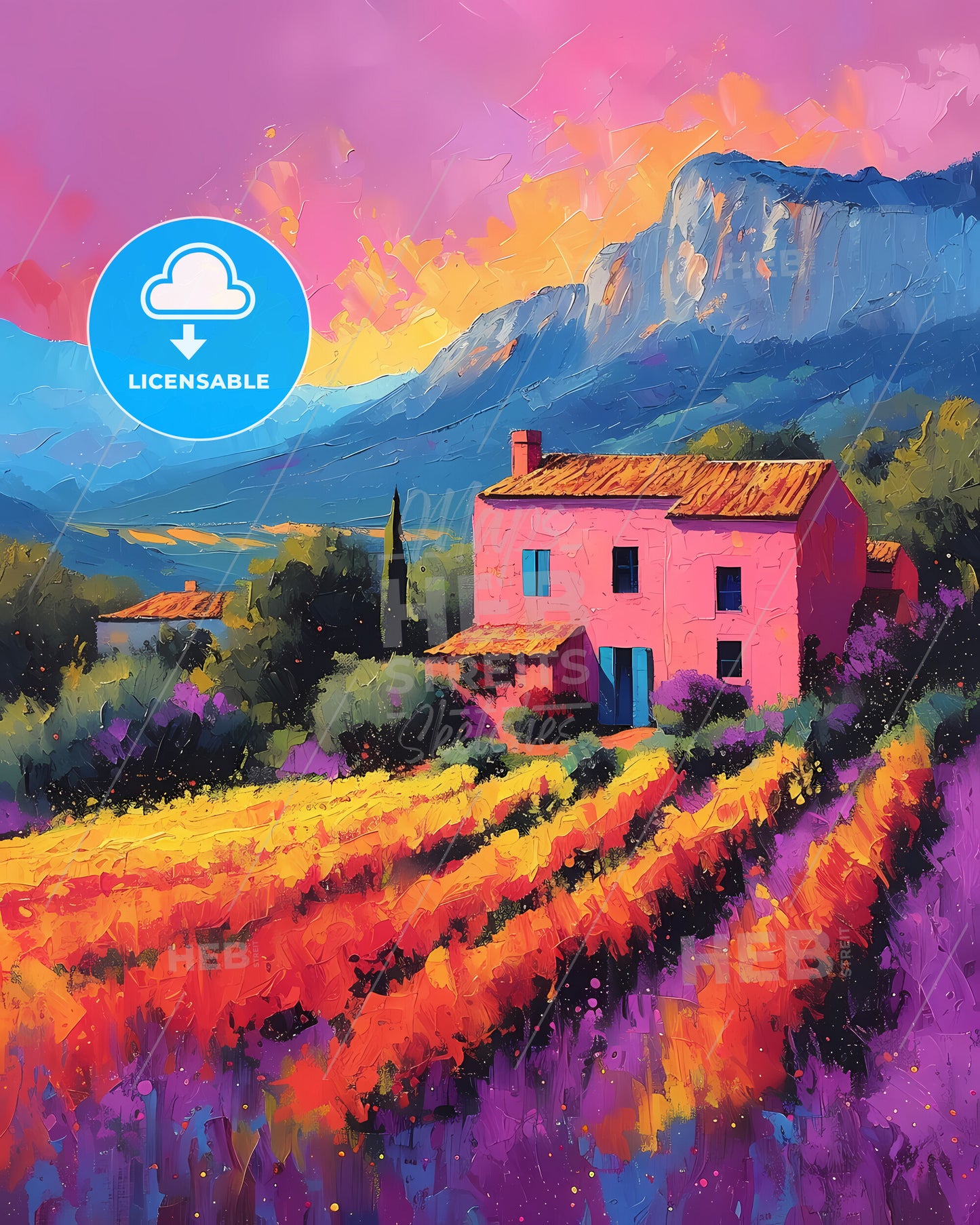 Levante, Spain - A Painting Of A House In A Field Of Flowers