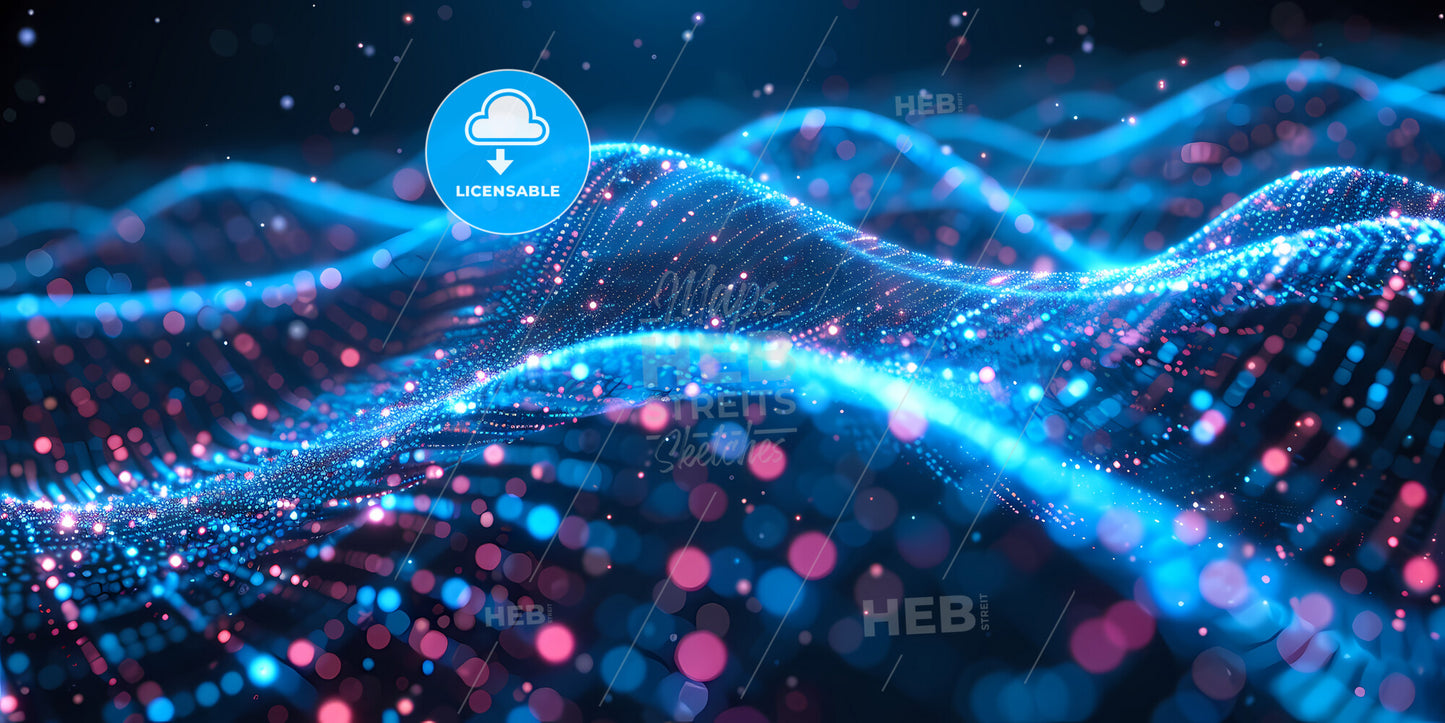 Abstract Neon Background With Glowing Wavy Lines And Colorful Bokeh Lights - A Blue And Pink Dots