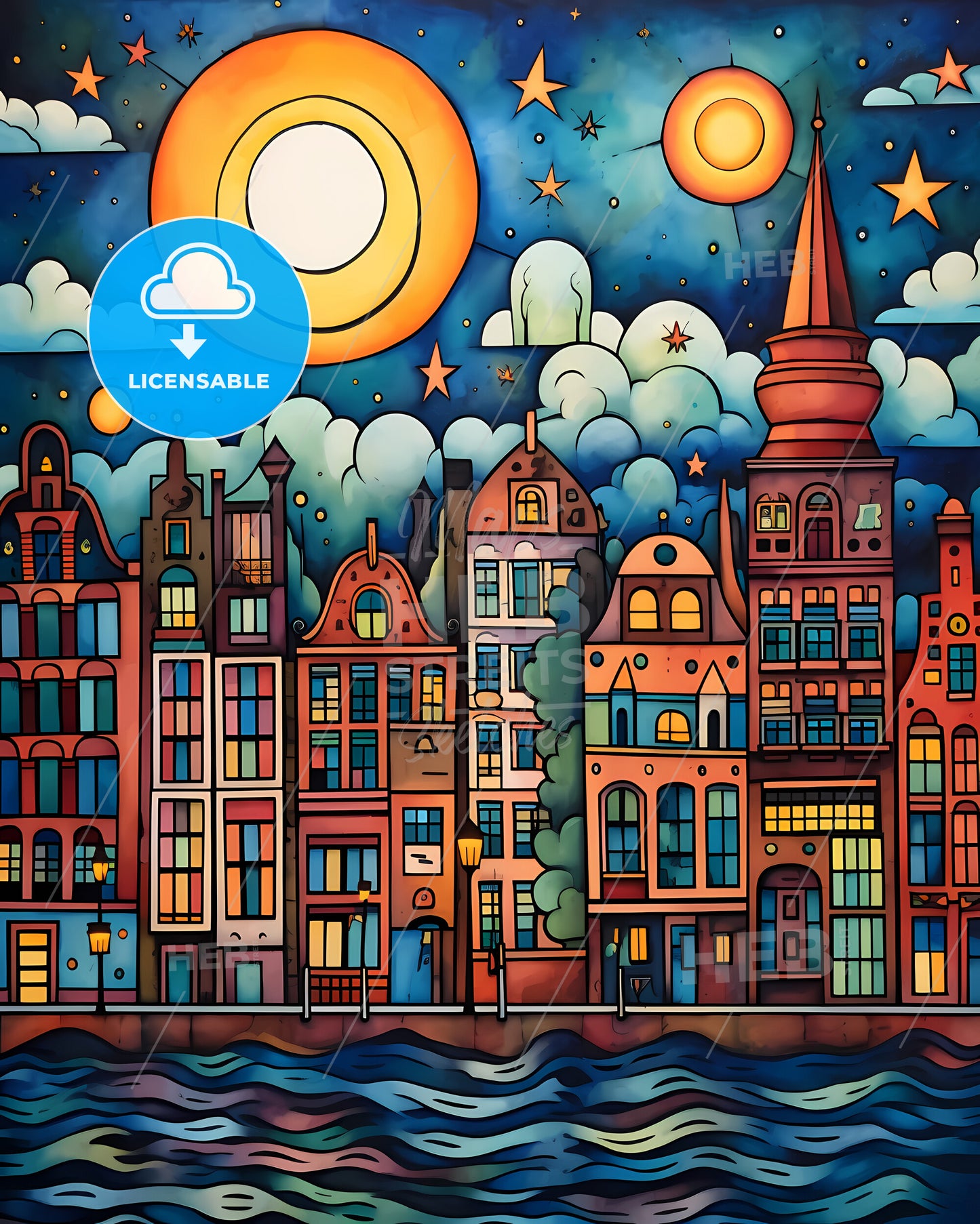 Amsterdam, Netherlands - A Colorful Cityscape With A Moon And Stars