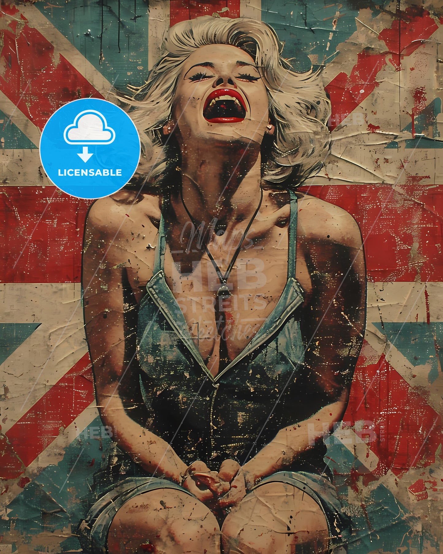 Fresco Mixed With Realism And Pop Art - A Woman Sitting On A Flag