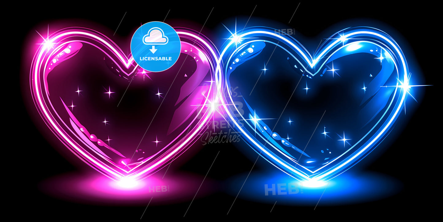 Pink Blue Neon Light Drawing, Couple Of Hearts, Romantic Symbols, Abstract Doodles Isolated On Black Background - Two Glowing Hearts With Lights