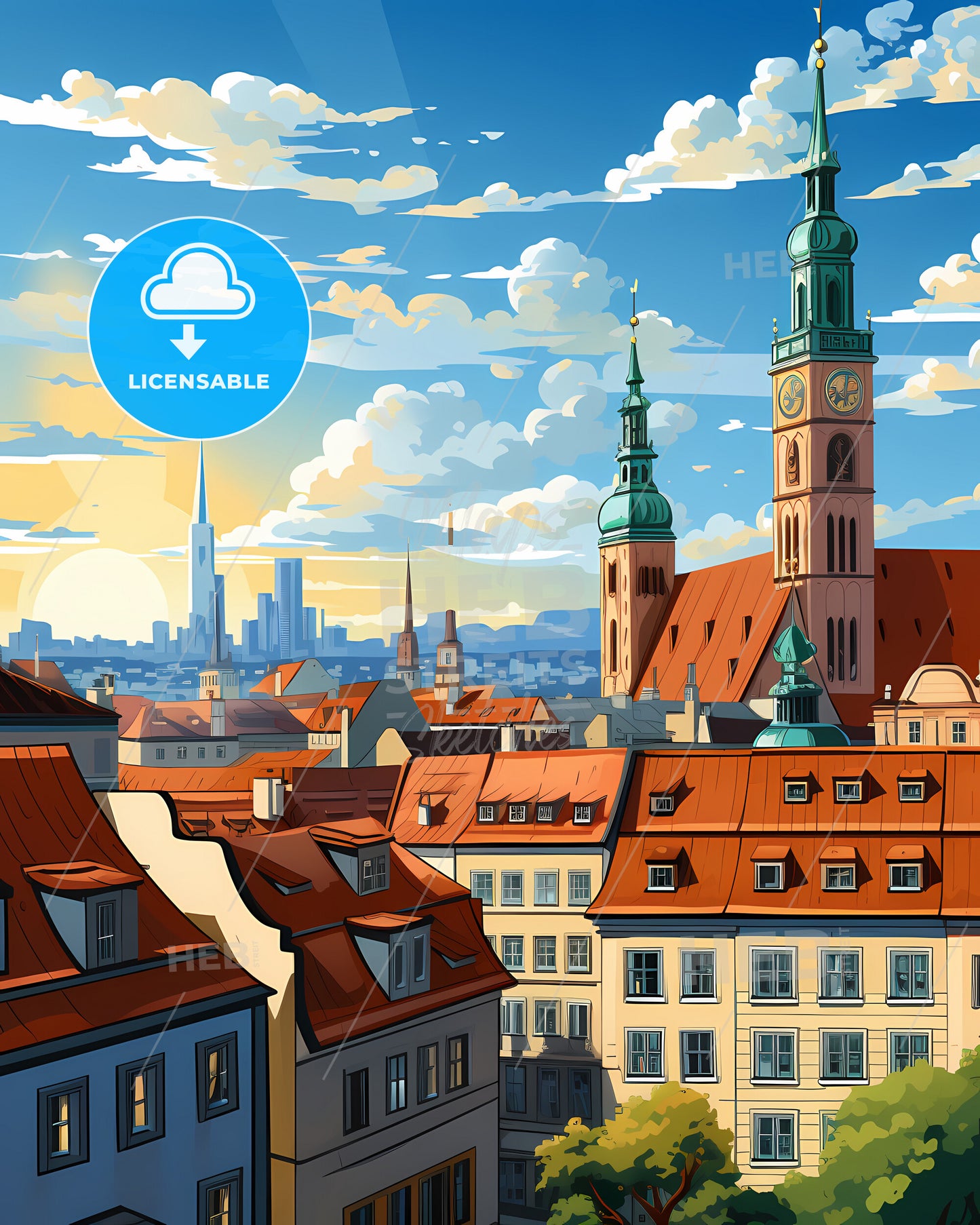 On The Roofs Of Munich - A City With A Clock Tower