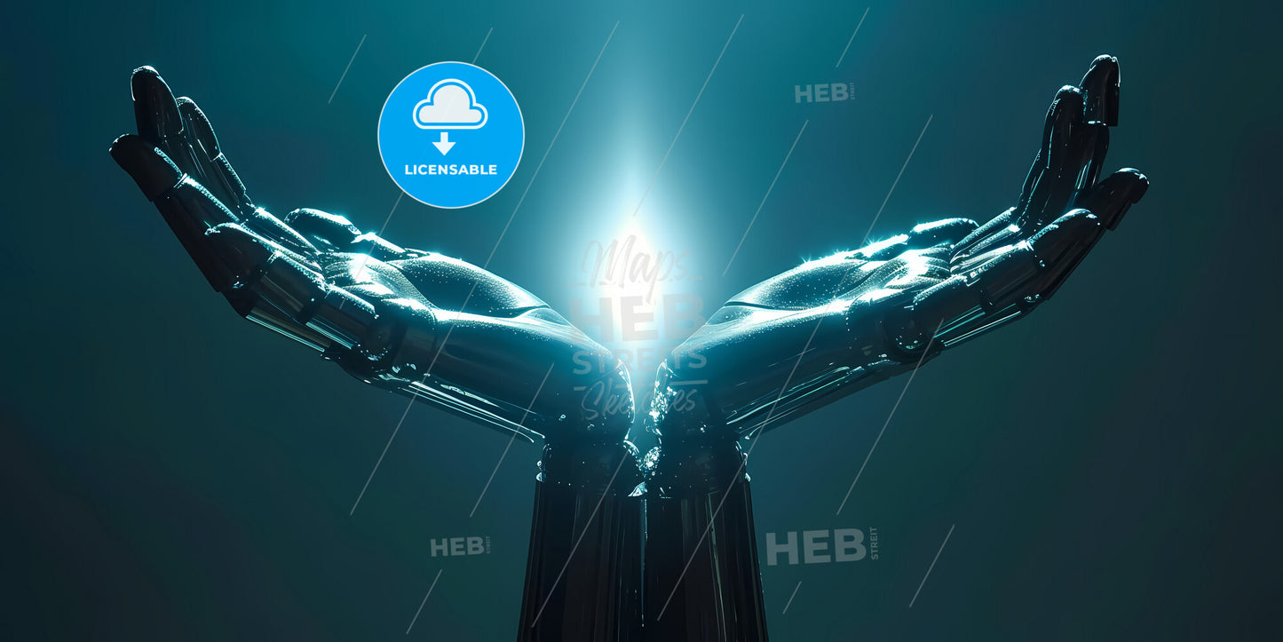 Abstract Blue Background, Metallic Mannequin Arms Hold Glass Ball With Bright Light Inside - A Robot Hands Touching A Light