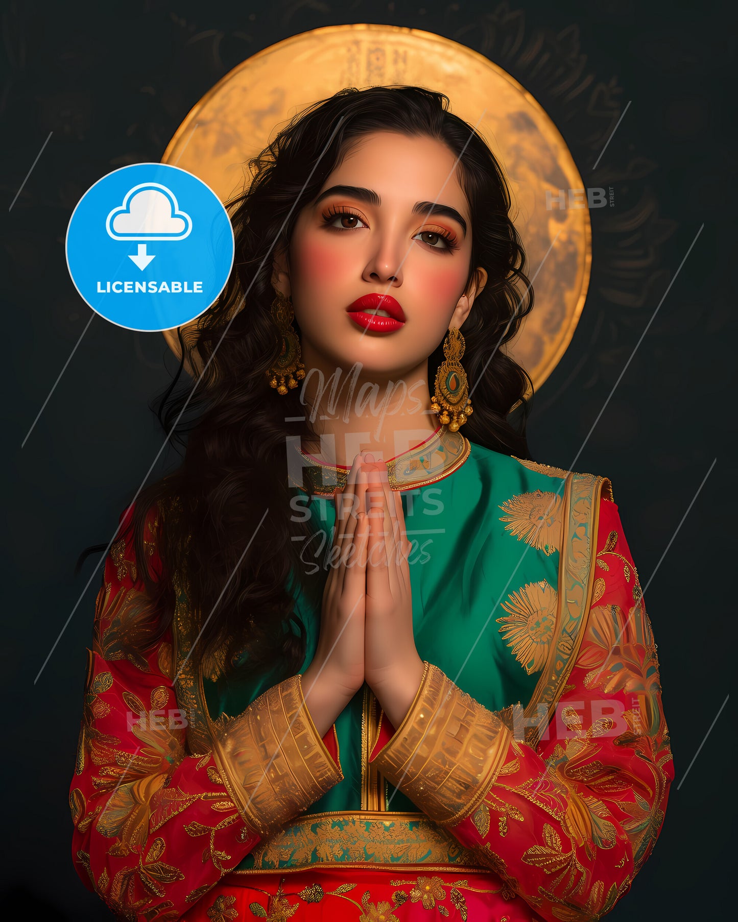 St. Brigid Pray For Us - A Woman In A Green And Red Dress With Gold Accents