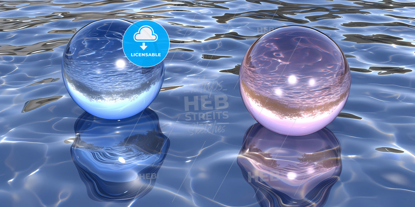 Abstract Modern Minimal Background With Pink Blue Hemispheres - Two Spheres On The Water