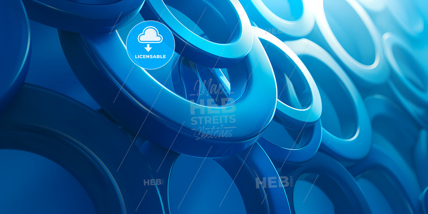 Abstract Geometric Structure: Golden Torus Amongst The Blue Donuts Isolated On Blue Background - A Group Of Blue Circular Objects