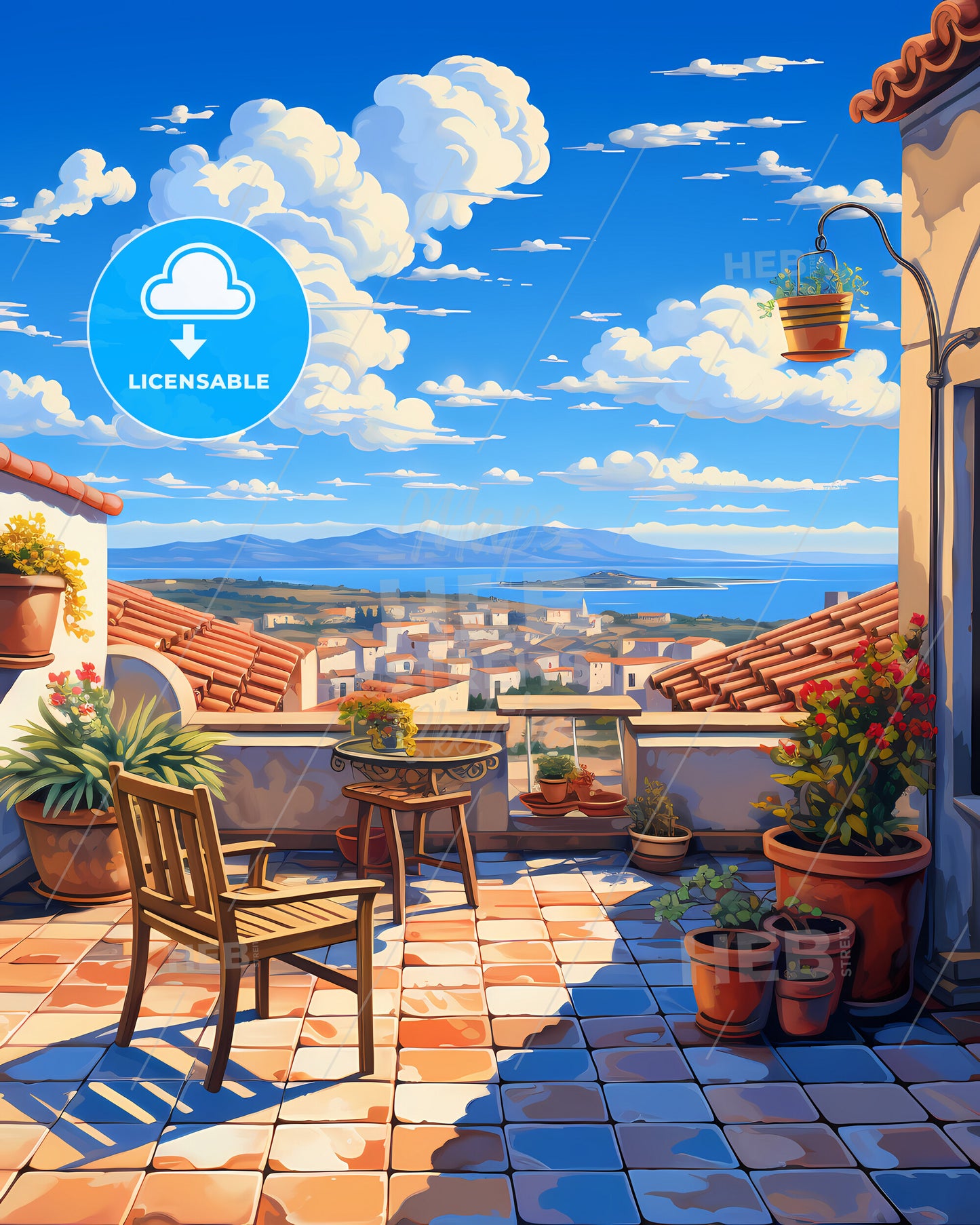 On The Roof Of Sardinia, Italy - A Painting Of A Rooftop With A View Of A City And Mountains
