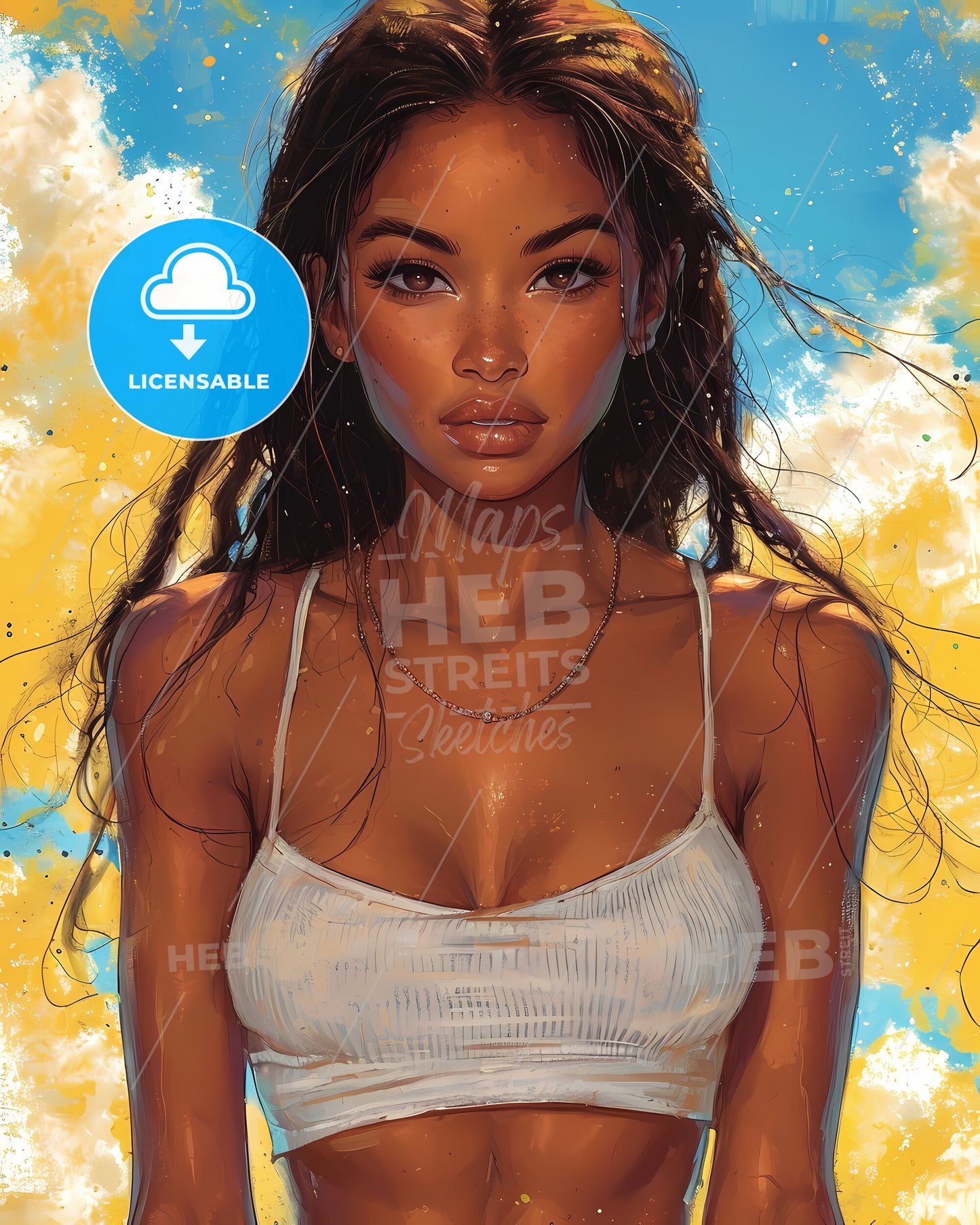 Amazing Pin Up Girl Illustration, Full Body Character - A Woman With Long Hair And A White Tank Top