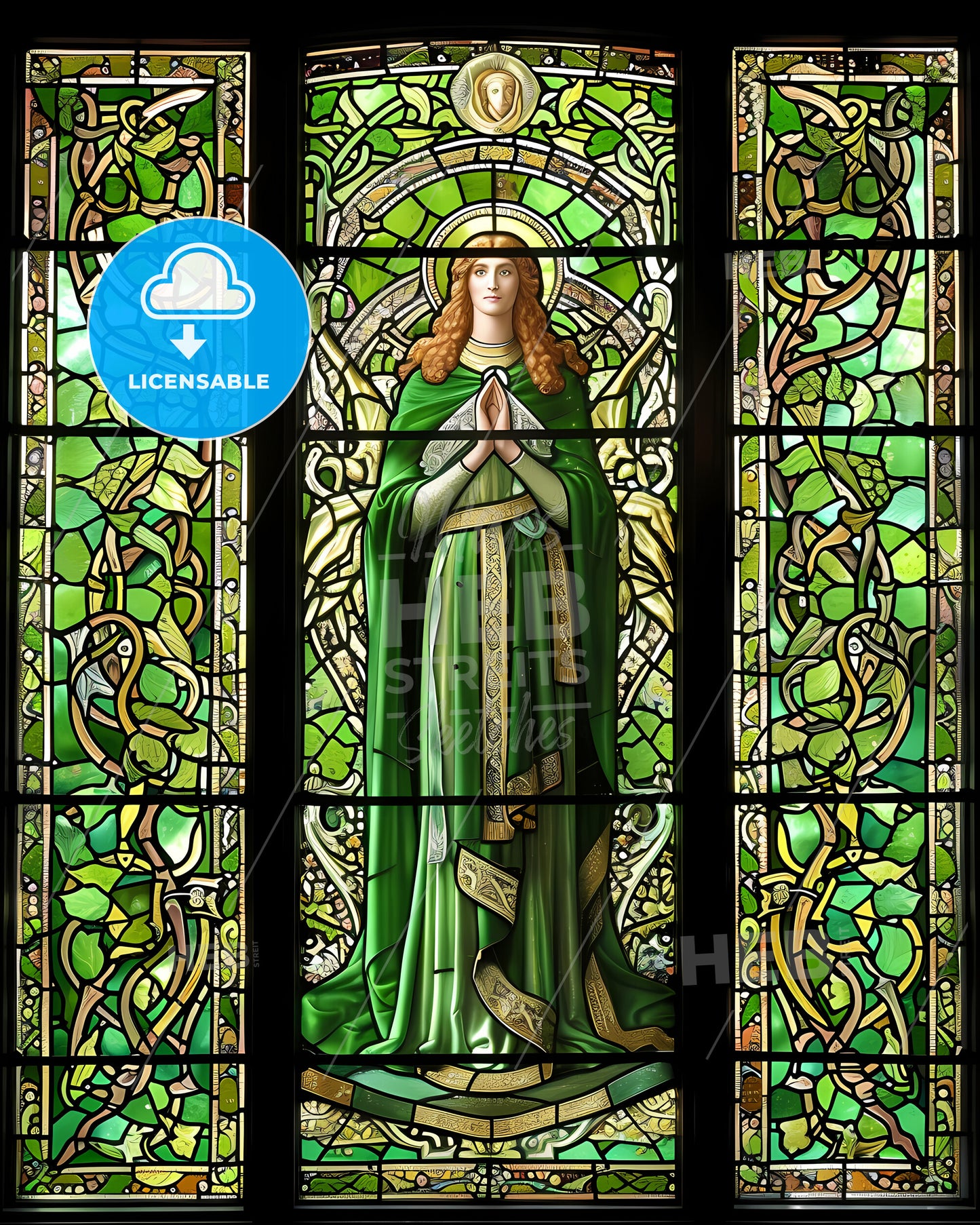 St. Brigid Pray For Us - A Stained Glass Window With A Woman In A Green Robe