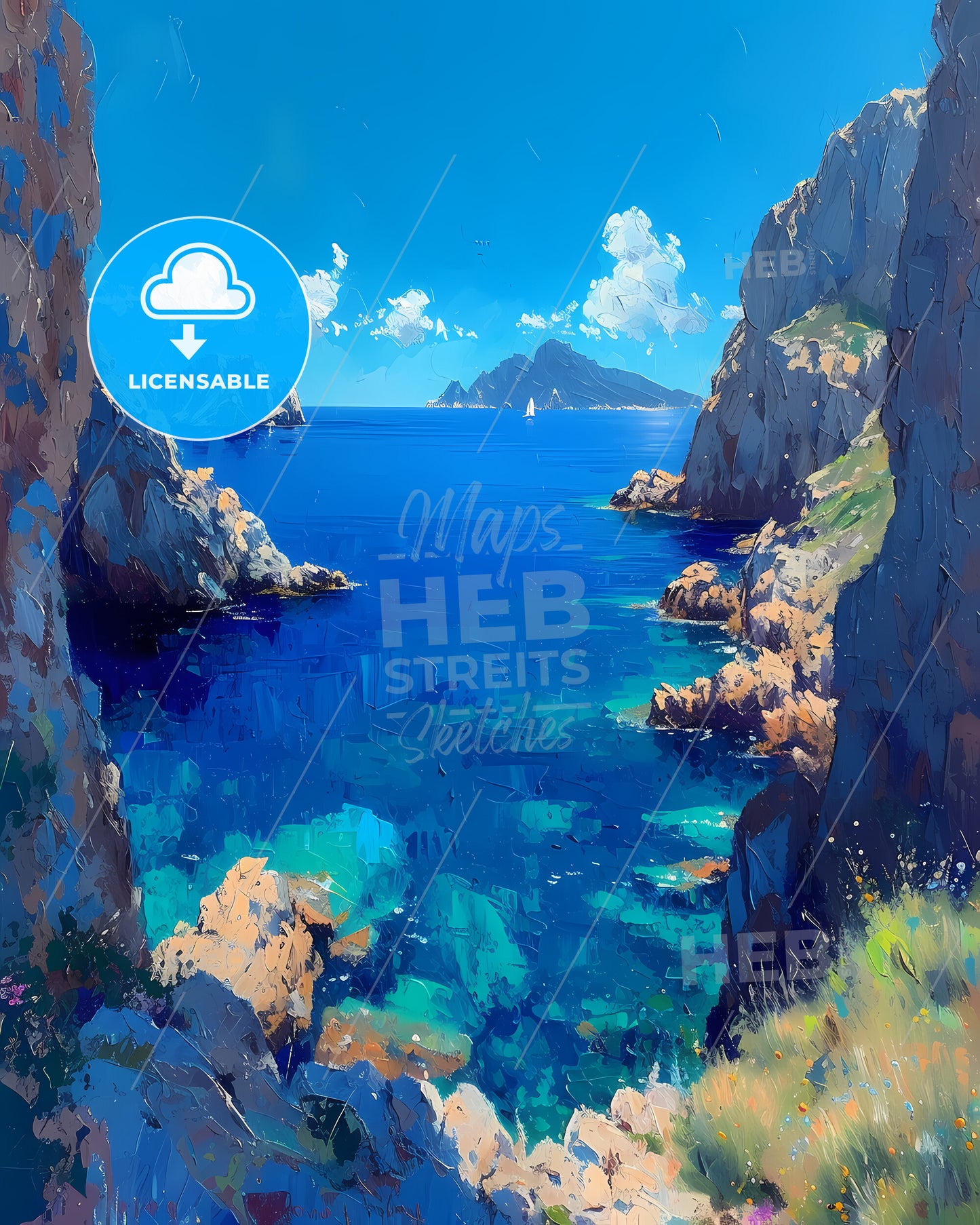 Giola Natural Pool, Greece - A Painting Of A Body Of Water And Mountains