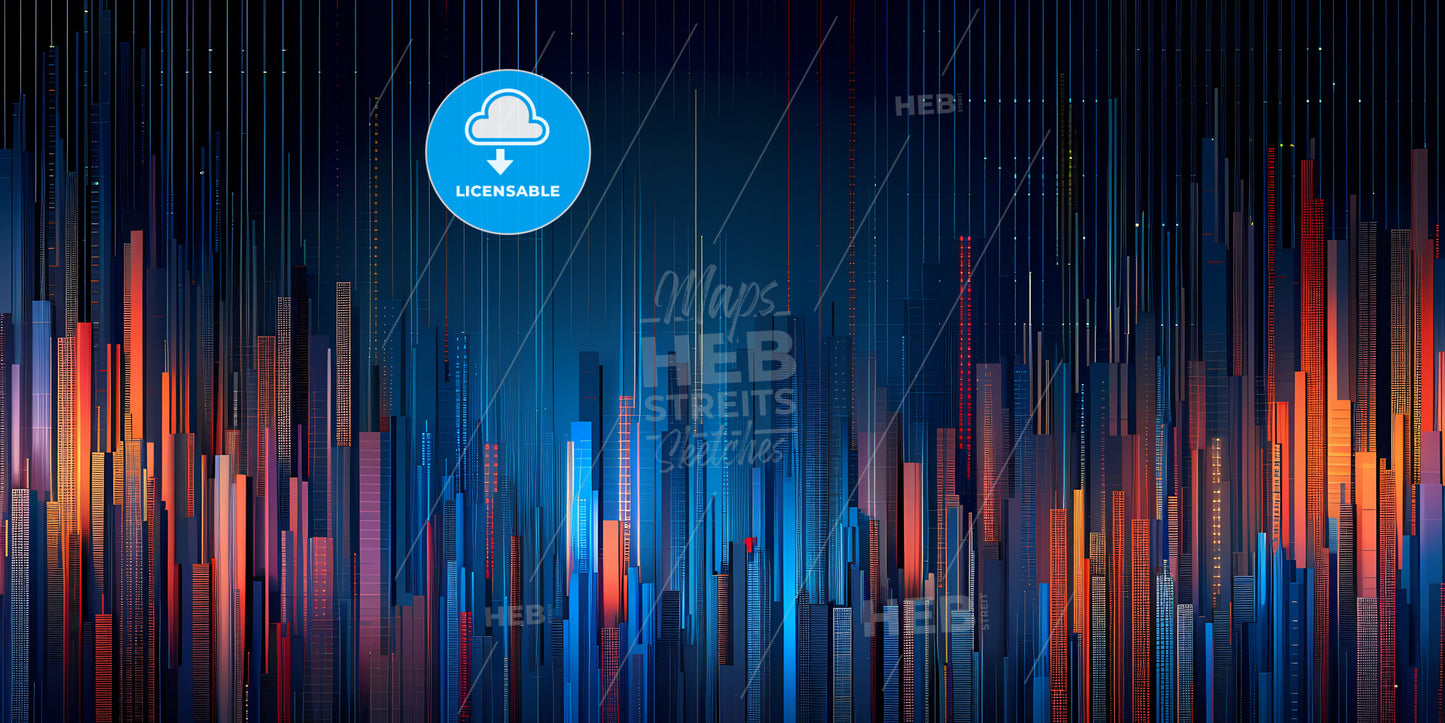 Abstract Neon Background, Modern Wallpaper With Glowing Gold Vertical Lines - A City Skyline With Many Tall Buildings