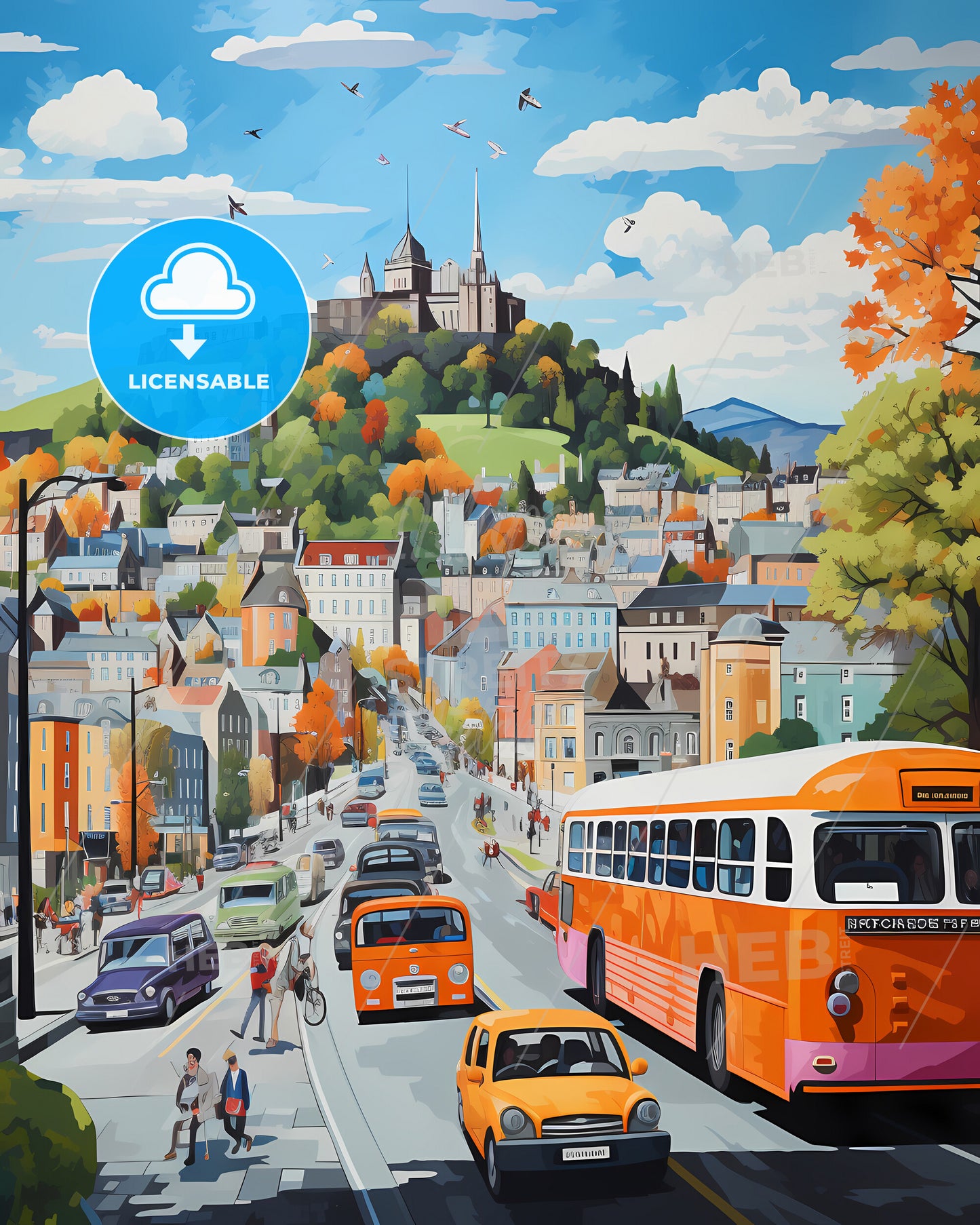 Skien, Norway - A Painting Of A City With A Castle On A Hill