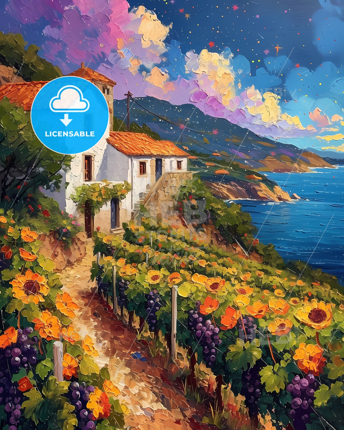 Rías Baixas, Spain - A Painting Of A House On A Hill With Flowers And A Body Of Water