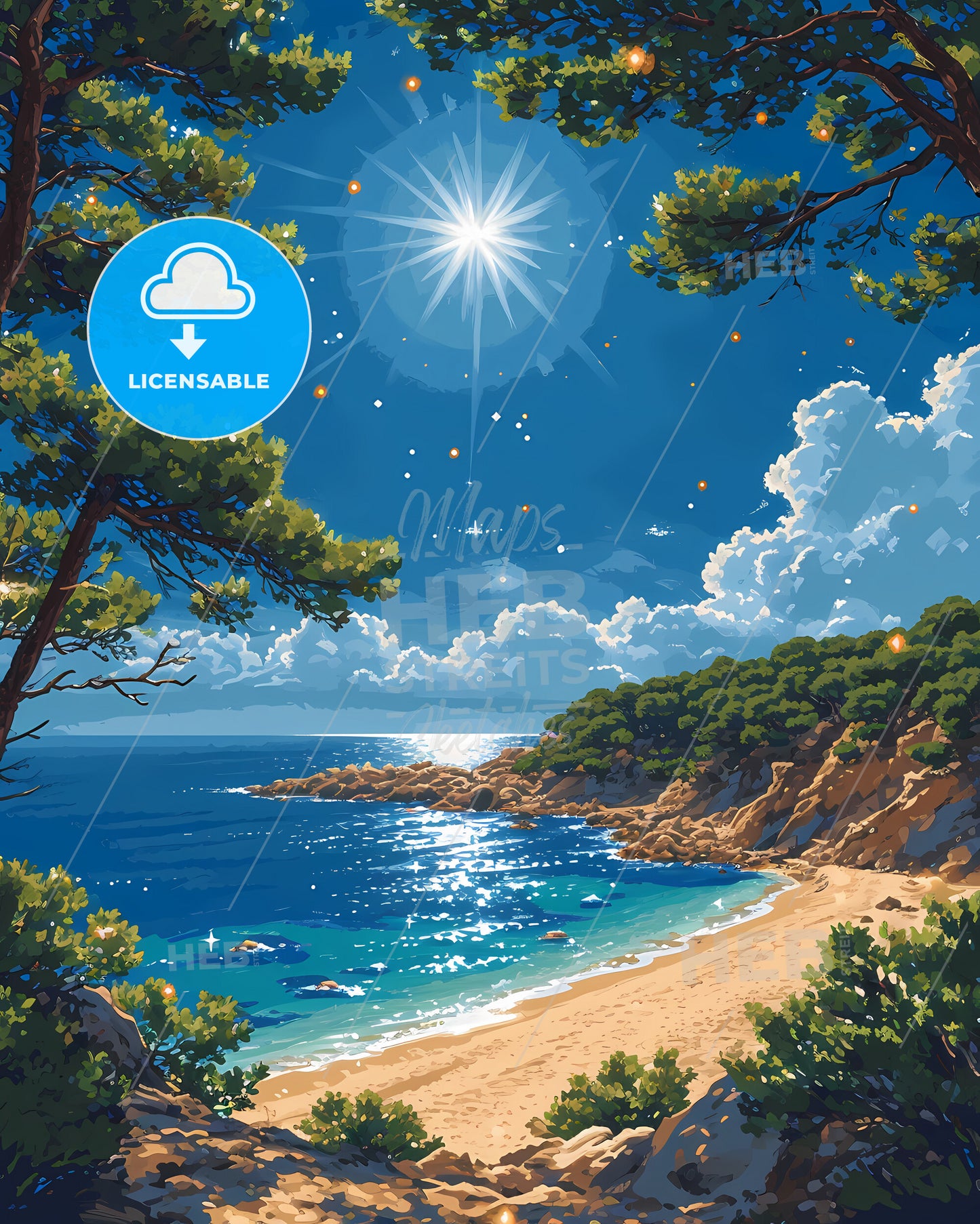 Cala Llenya Beach - A Beach With Trees And A Sunny Sky