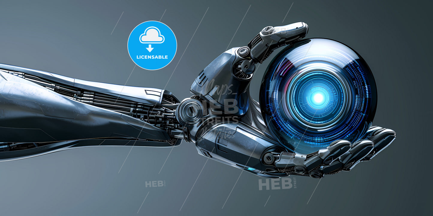 Abstract Metallic Arm Holds Glass Ball With Inner Light, Isolated On Dark Blue Background - A Robot Holding A Sphere