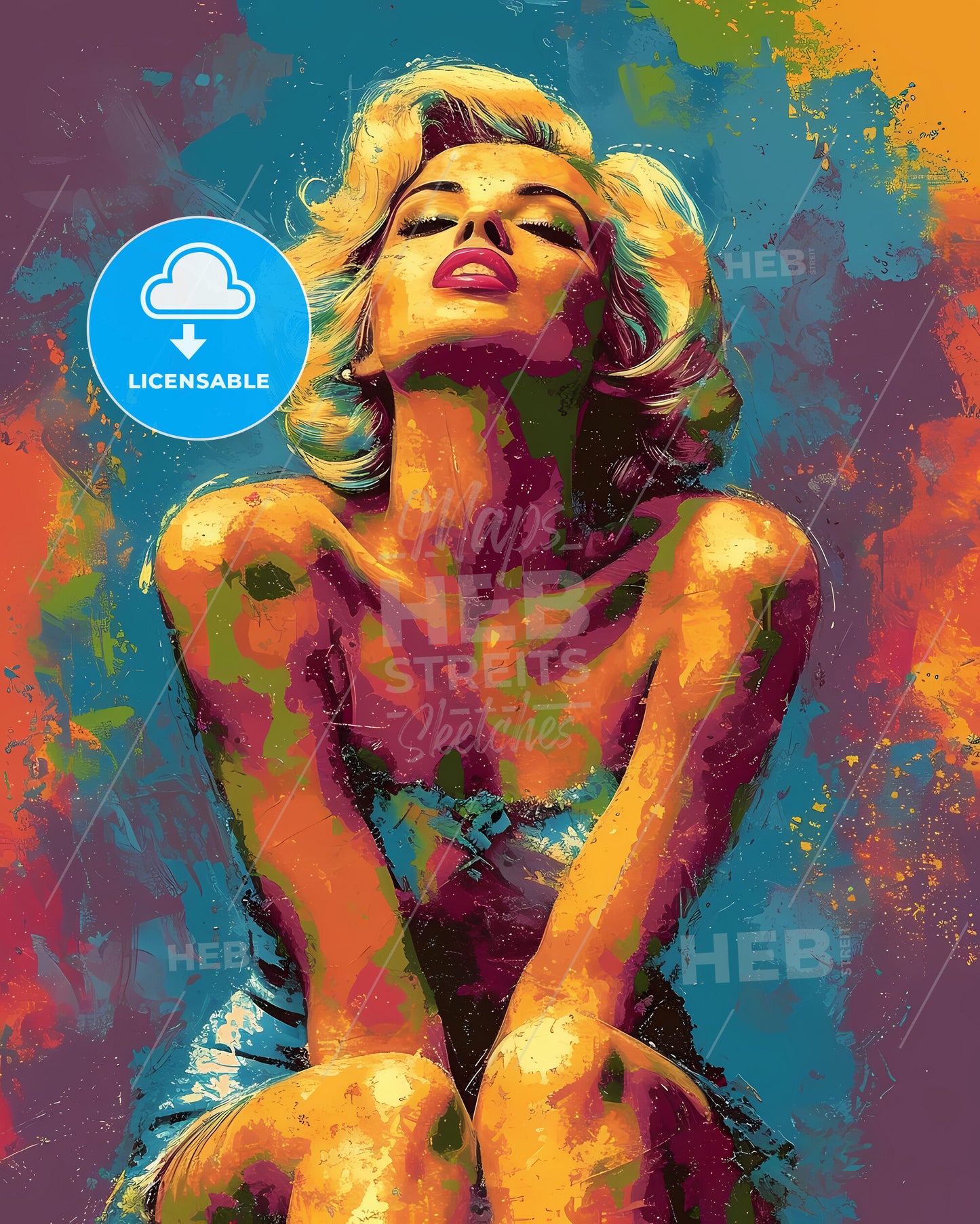 A Striking Half-Body Portrait Of A Woman With Blonde Hair And Blue Background
