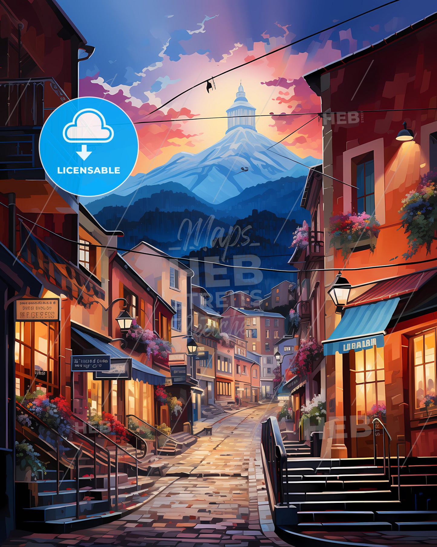 Grenoble, France - A Street With Buildings And Mountains In The Background