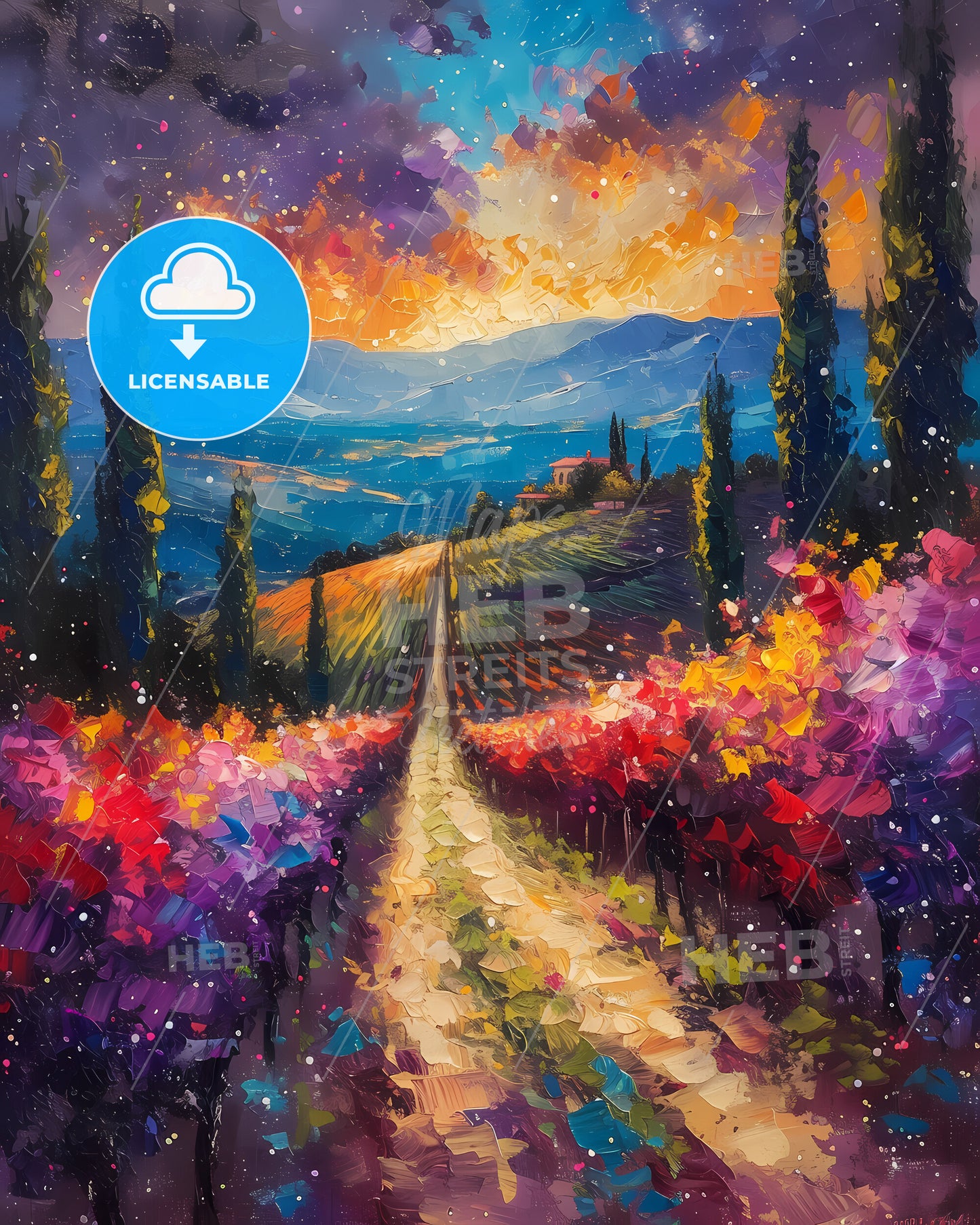 Napa Valley, Usa, Situated In California - A Painting Of A Road With Flowers