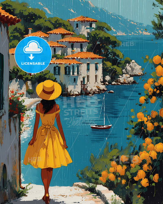 Orange Tree Vintage Art - A Woman In A Yellow Dress And Hat Walking On A Path By A Body Of Water