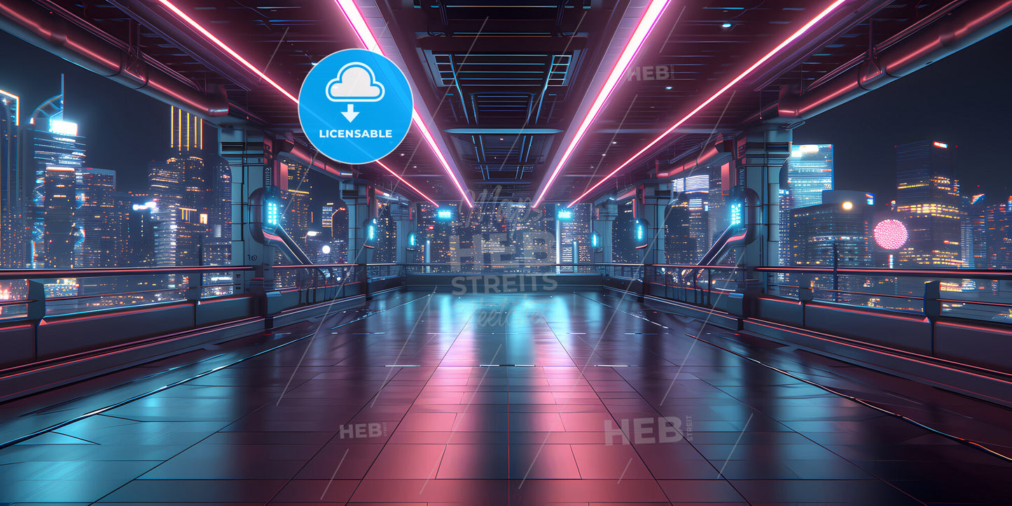 Abstract Neon Background, Empty Tunnel With Pink Glowing Lines - A Large Room With A City View