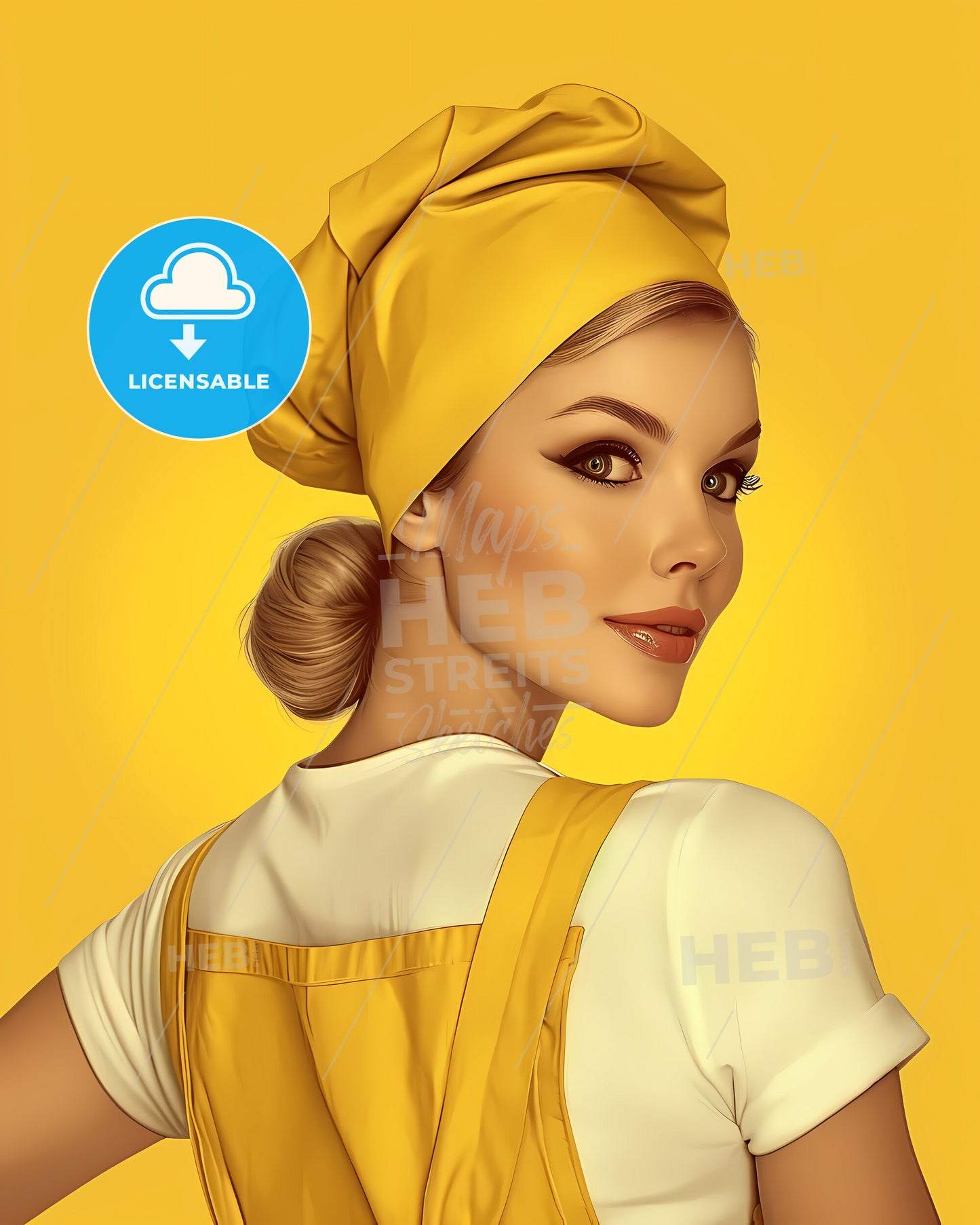 Amazing Pin Up Girl Illustration, Full Body Character - A Woman Wearing A Yellow Apron And A Yellow Hat