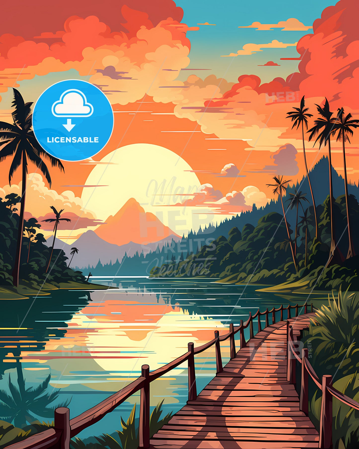 Seychelles, Republic Of Seychelles - A Wooden Bridge Over A Body Of Water With Trees And Mountains