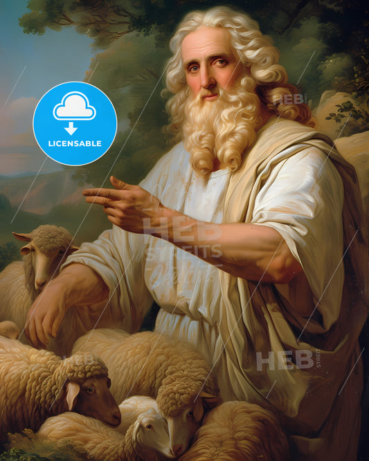 Moses Prophet Of God Herding The Flock In The Desert, Looking Up At The Sky - A Painting Of A Man With A Beard And Sheep