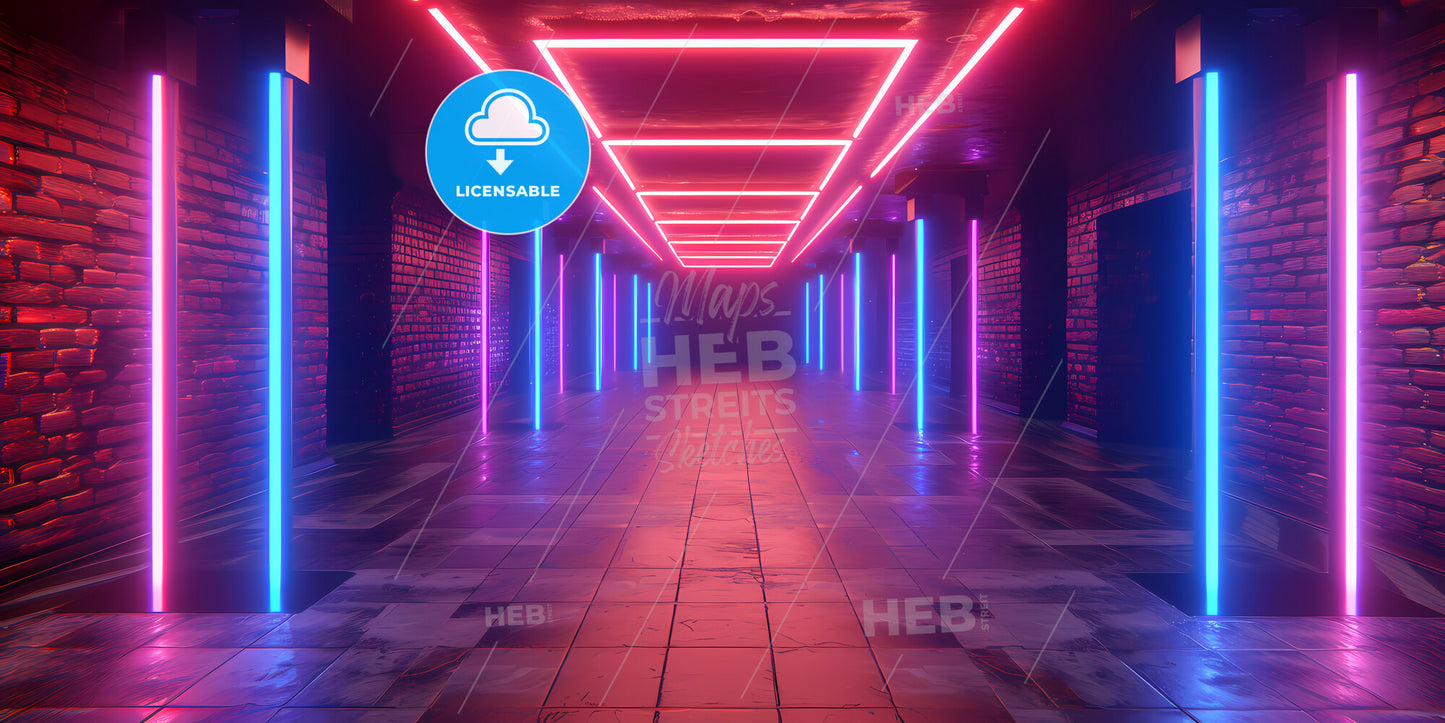 Abstract Neon Background, Space Tunnel Turning To Left - A Hallway With Neon Lights