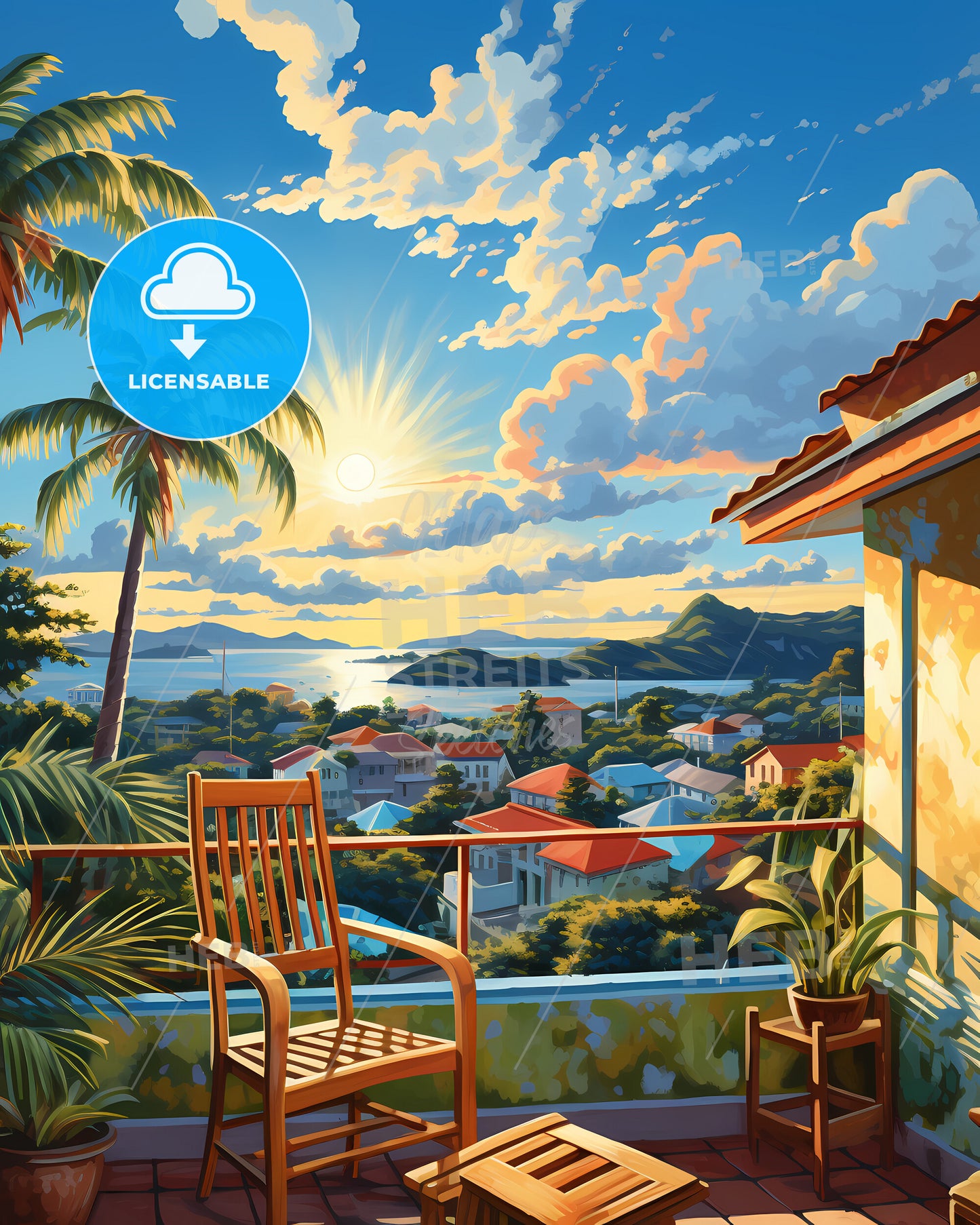 On The Roof Of Saint Lucia, Saint Lucia - A Chair On A Balcony Overlooking A City