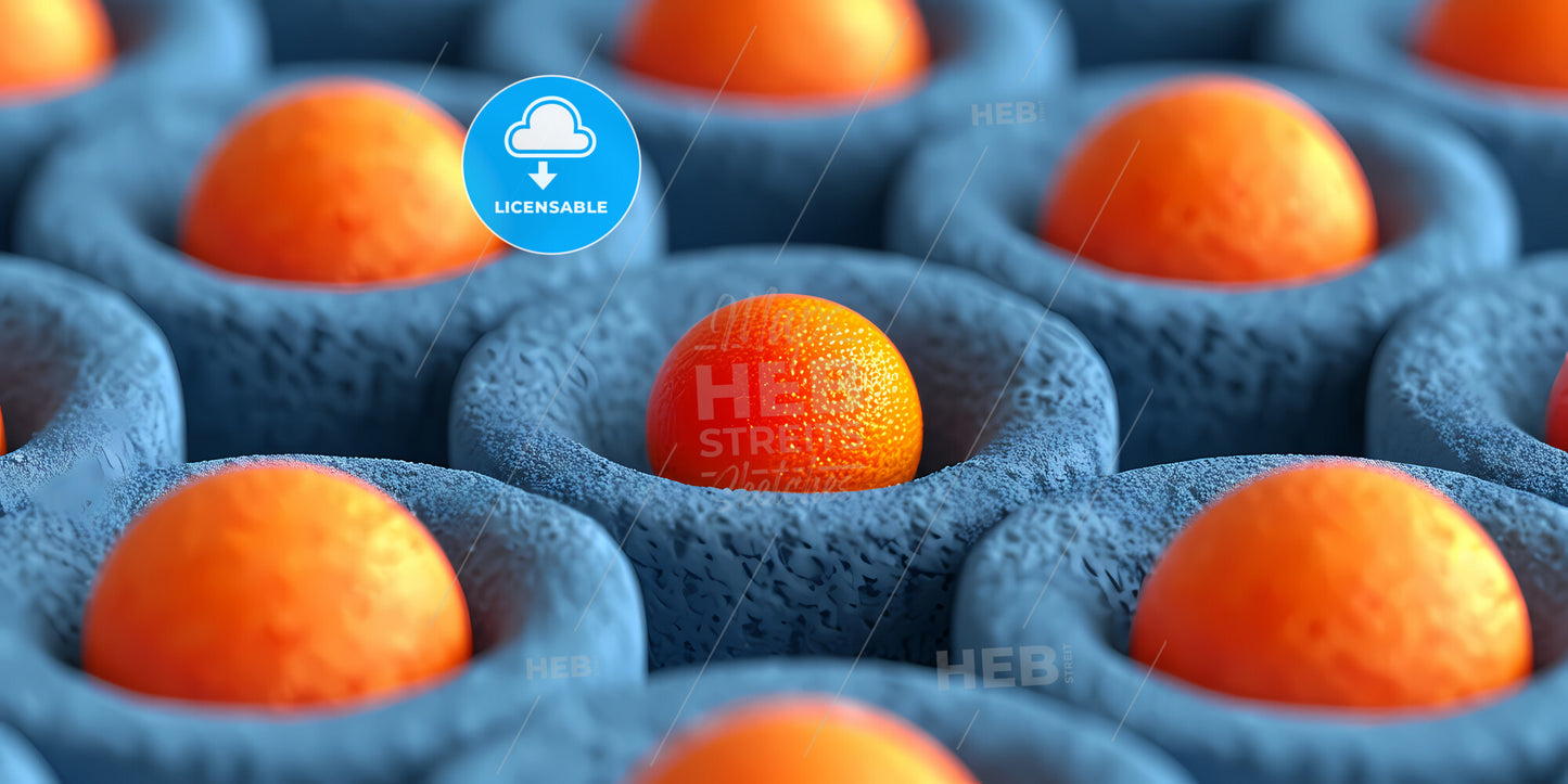 Abstract Geometric Structure: Golden Torus Amongst The Blue Donuts Isolated On Blue Background - A Orange Ball In A Blue Cylinder