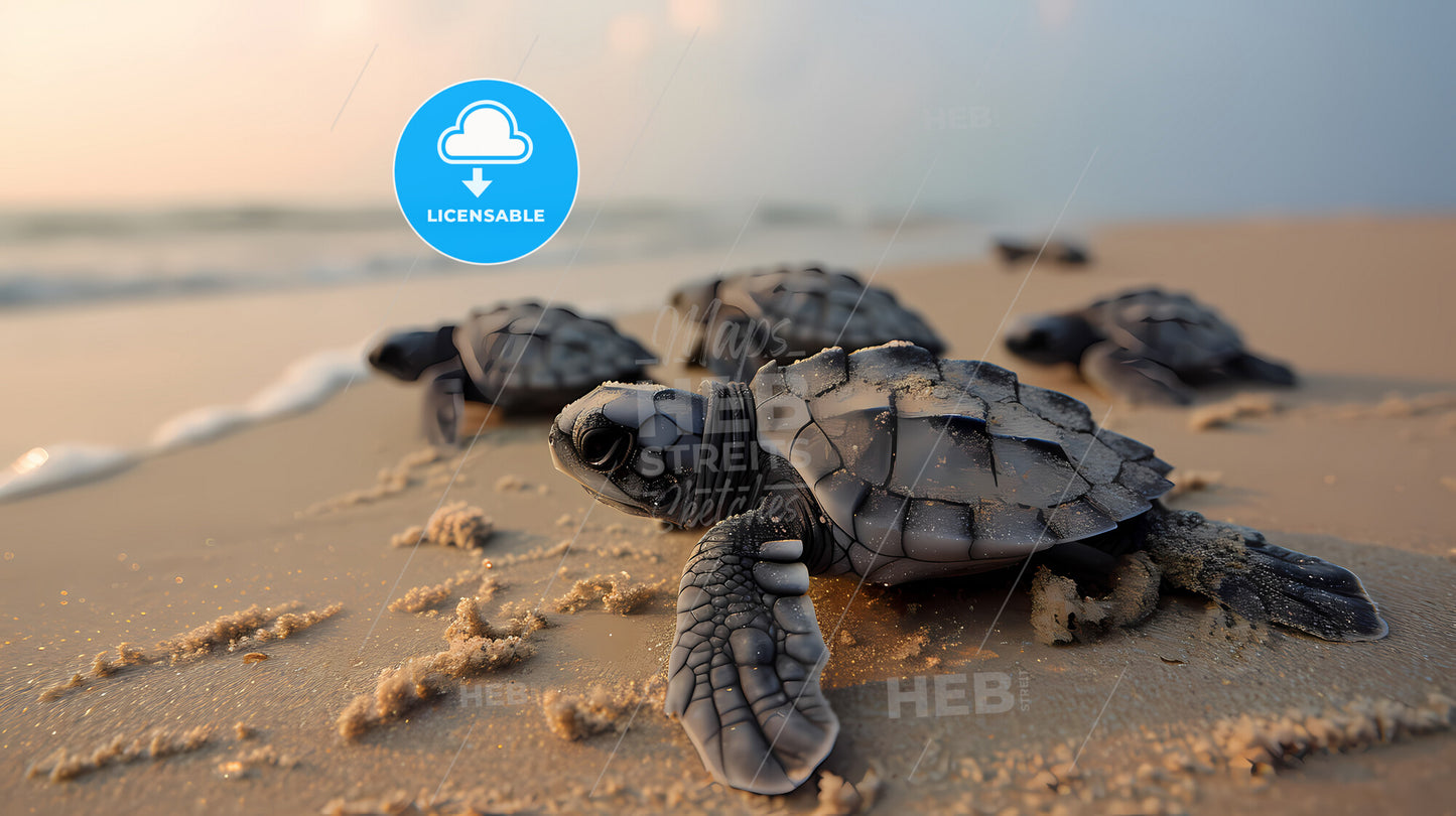 Newly Hatched Leatherback Turtles - A Group Of Baby Turtles On A Beach