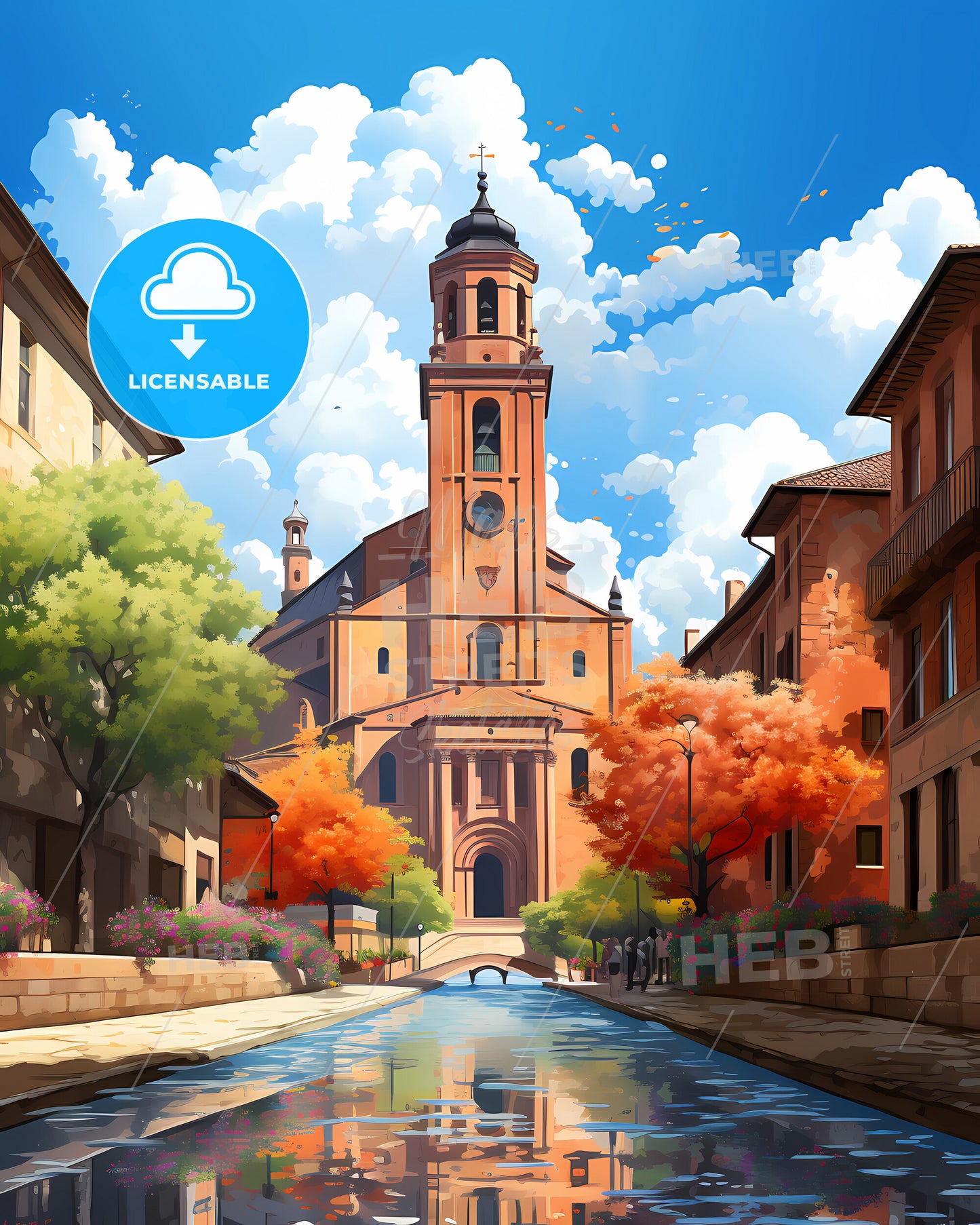 Parma, Italy - A Canal With A Building And Trees